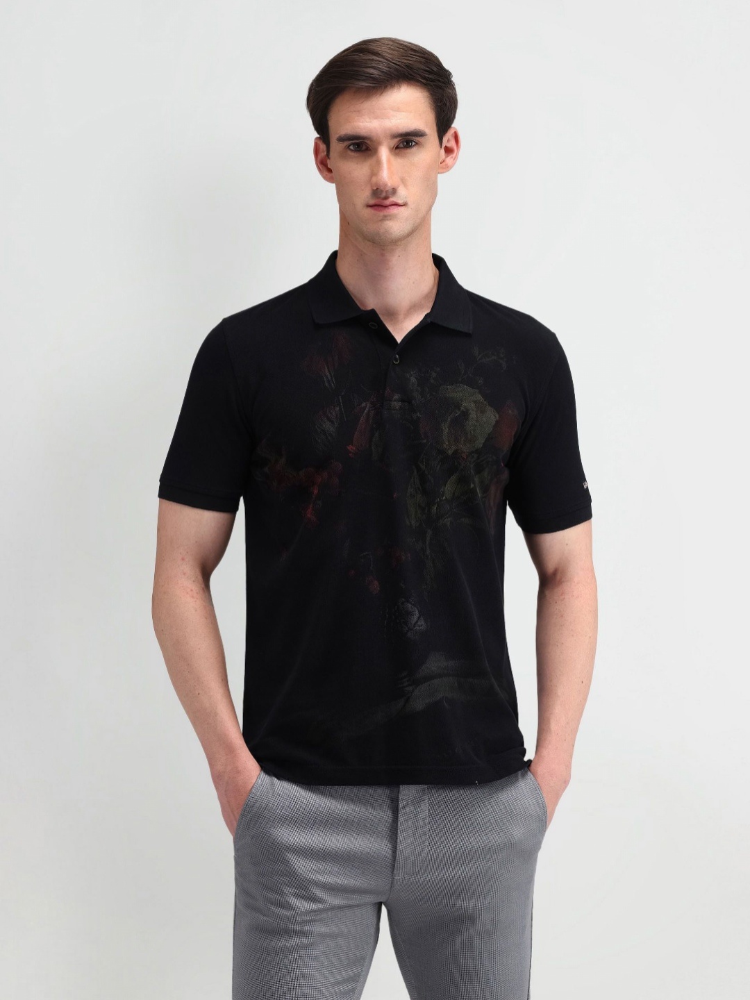 

Arrow Sport Men Floral Printed Polo Collar Cotton T-shirt, Black