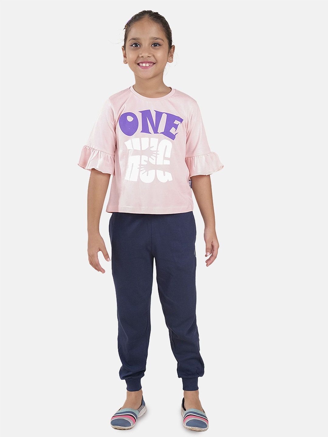 

KiddoPanti Girls Printed Pure Cotton Top With Jogger, Pink