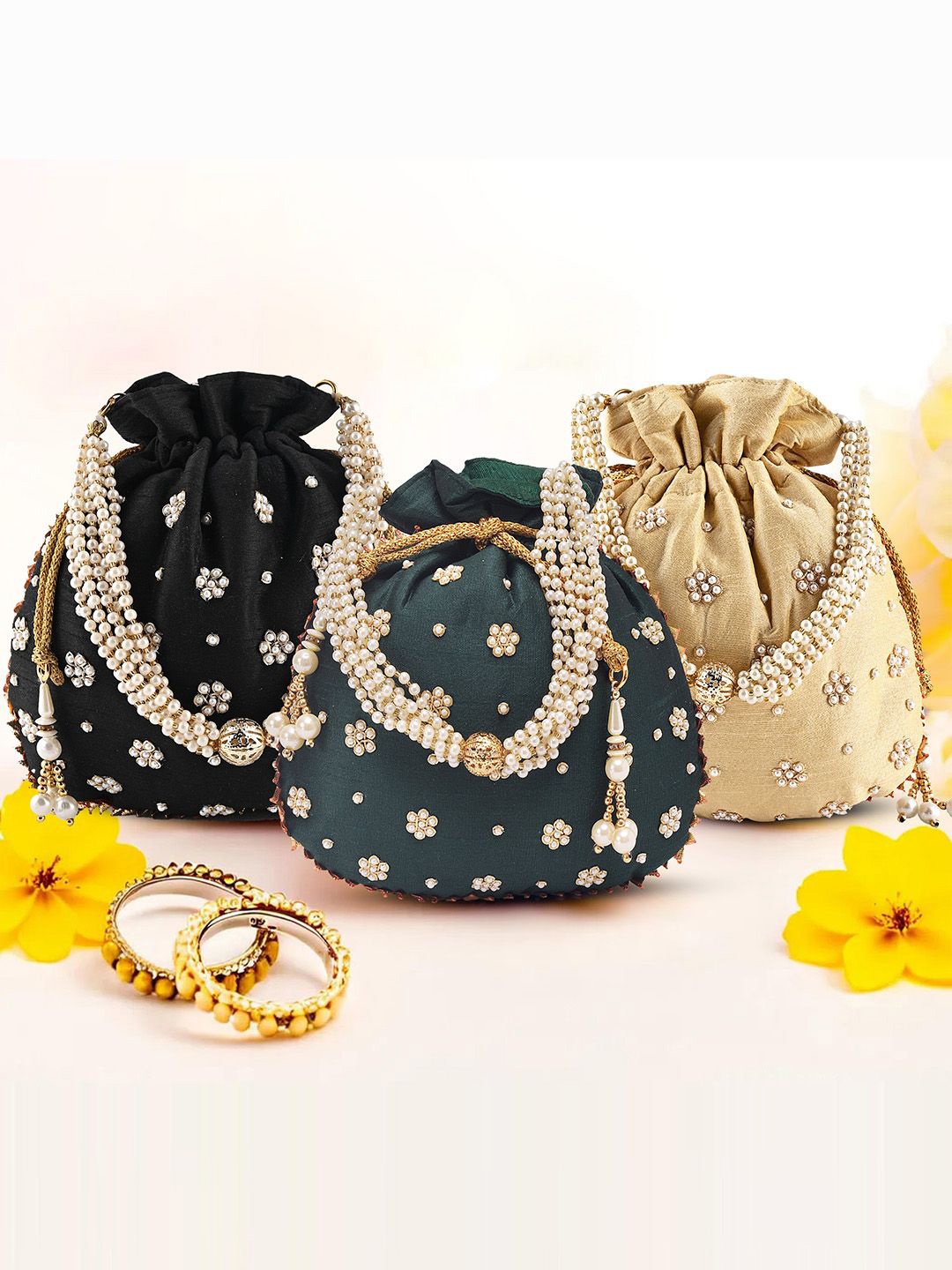

Kuber Industries Set of 3 Embroidered Potli Clutch, Gold