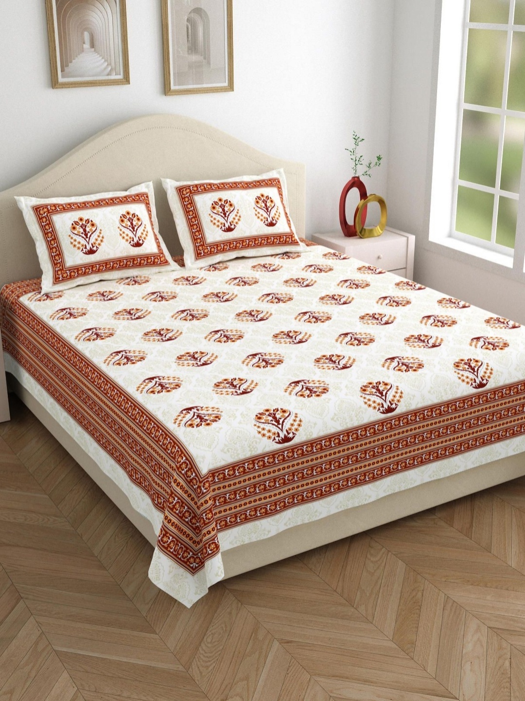 

Salona Bichona Brown Ethnic Motifs Printed 120 TC Pure Cotton Queen Bedsheet Set