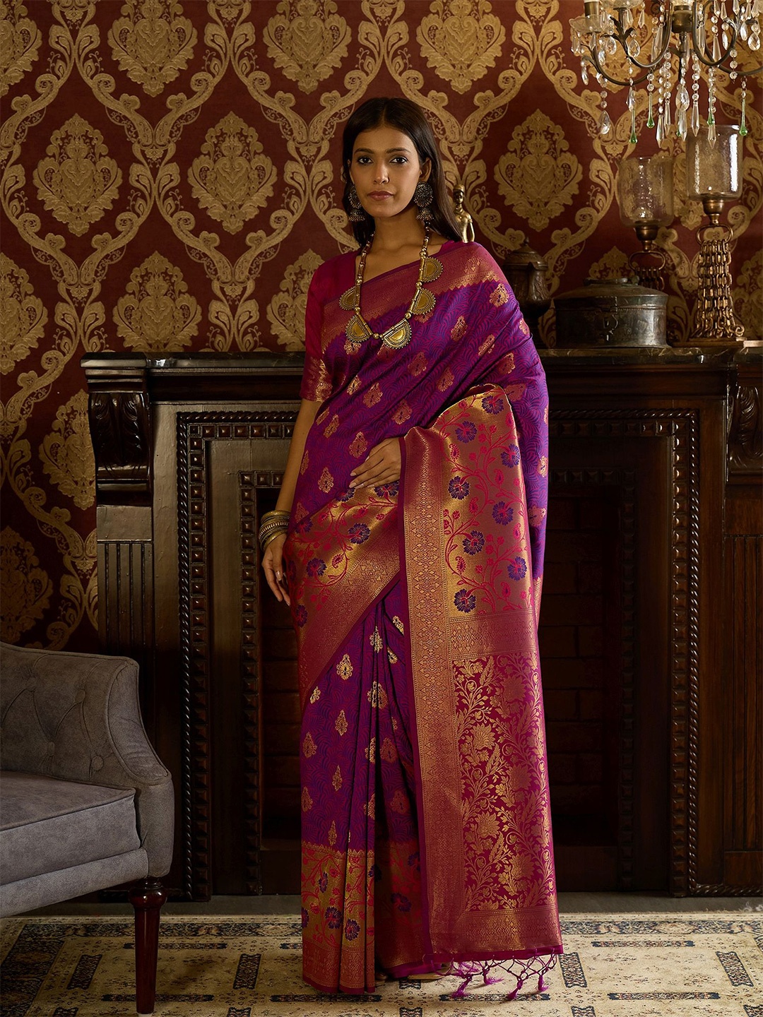 

Dori Woven Design Zari Banarasi Festive Saree, Purple