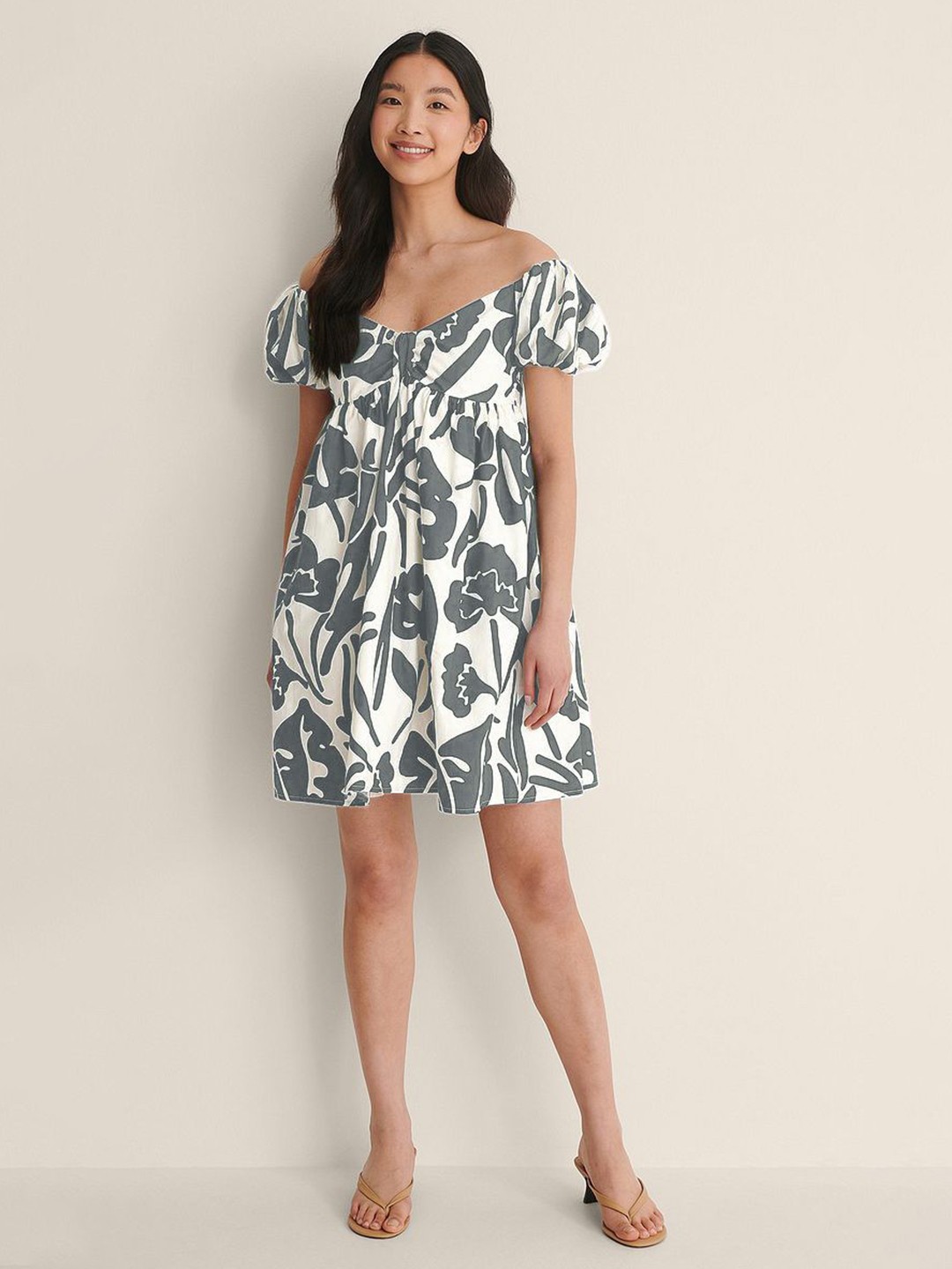 

TIRA Floral Printed Off-Shoulder Fit & Flare Mini Dress, Grey