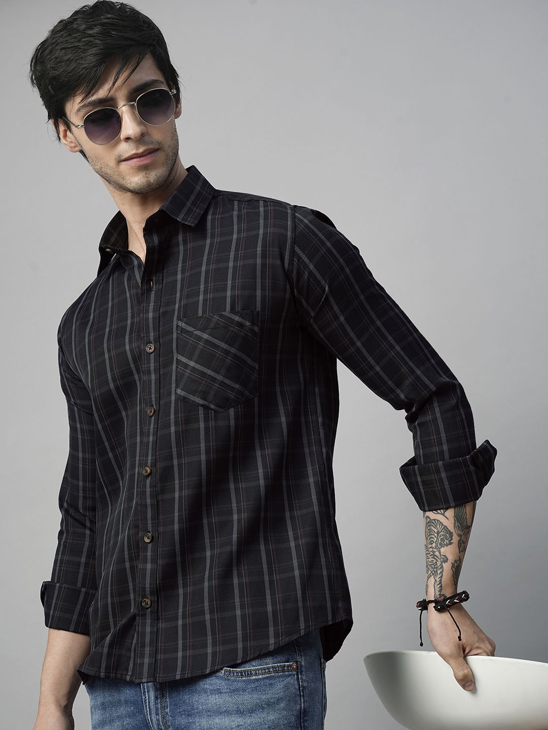 

TRYBUY.IN Men Standard Spread Collar Buffalo Checked Cotton Casual Shirt, Green