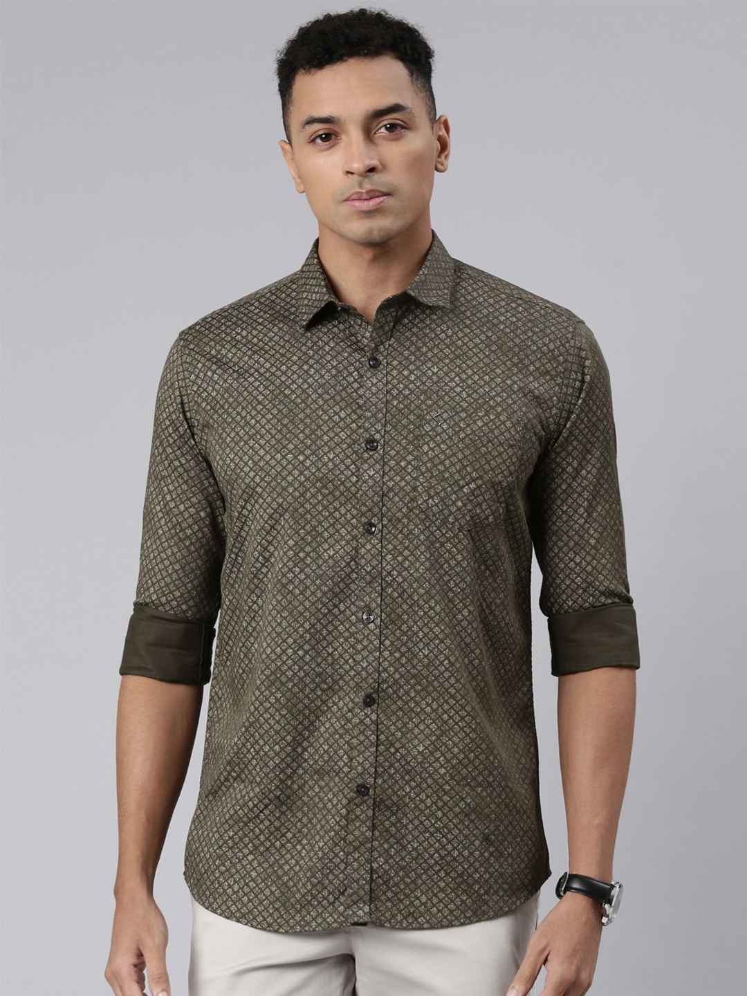

Classic Polo Men India Spread Collar Printed Cotton Slim Fit Casual Shirt, Olive