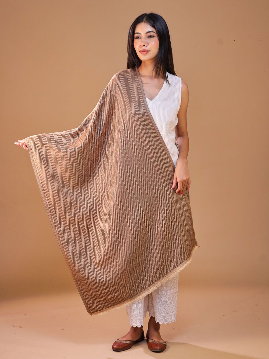 

SWI Stylish Women Geometric Woven Design Woolen Stole, Brown