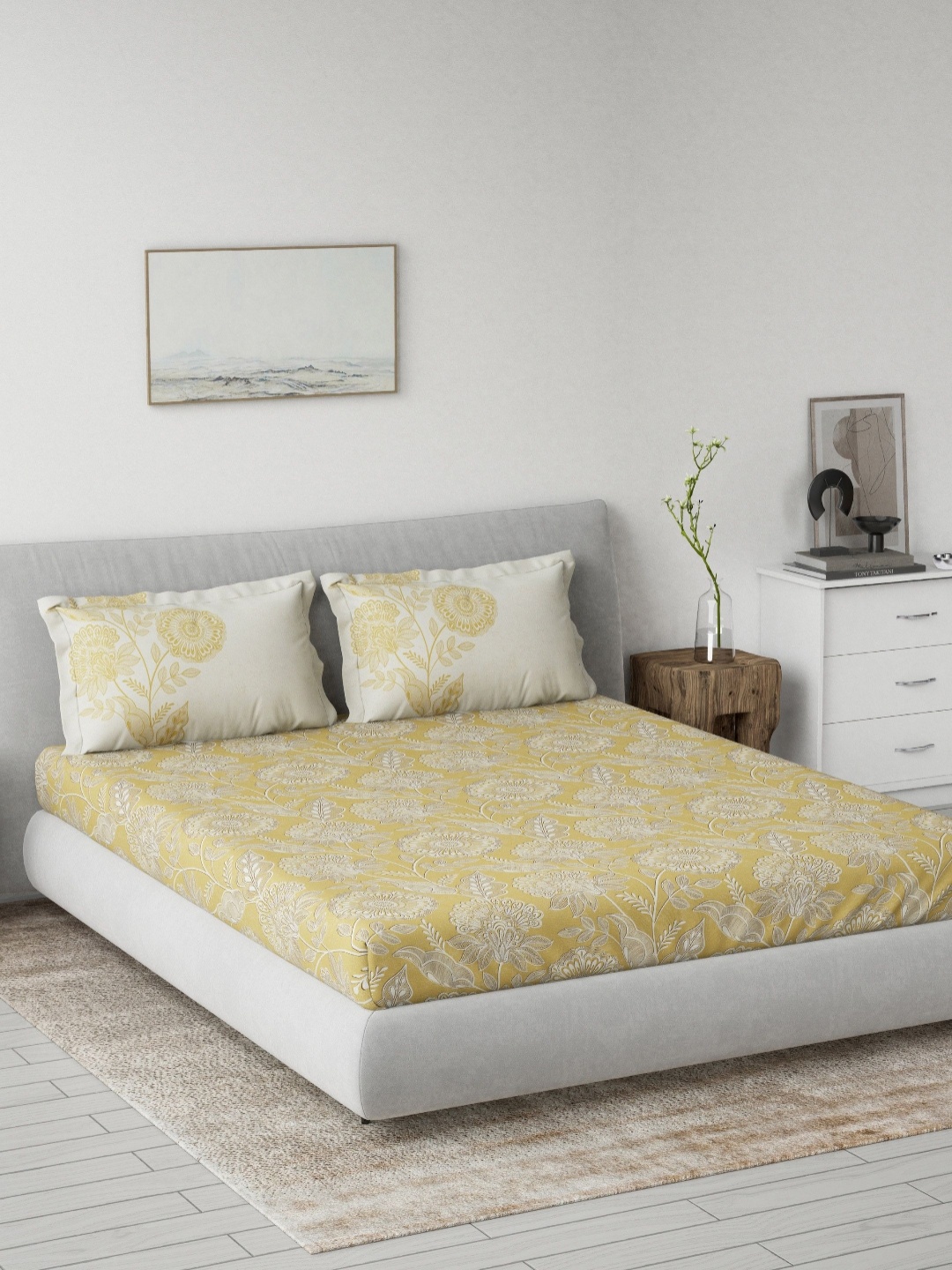 

DDecor Off white & Yellow Floral Printed 145 TC Cotton Double King Fitted Bedsheet Set, Blue