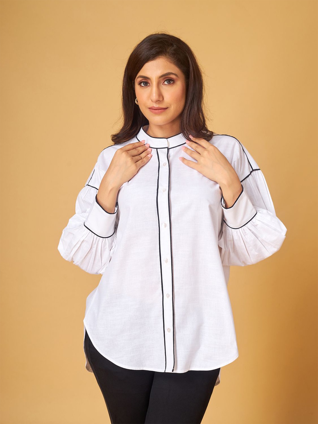 

Maisolos Women Mandarin Collar Solid Cotton Relaxed Fit Casual Shirt, White