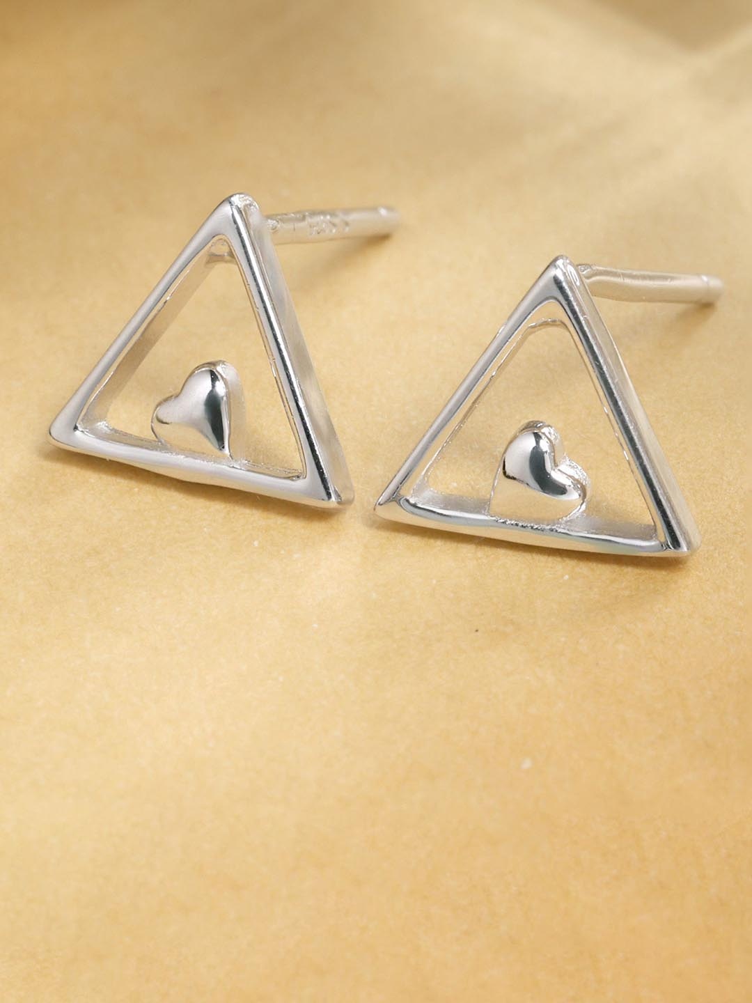 

DEESSA 925 Sterling Silver Rhodium-Plated Heart in Love Triangle Studs Earrings