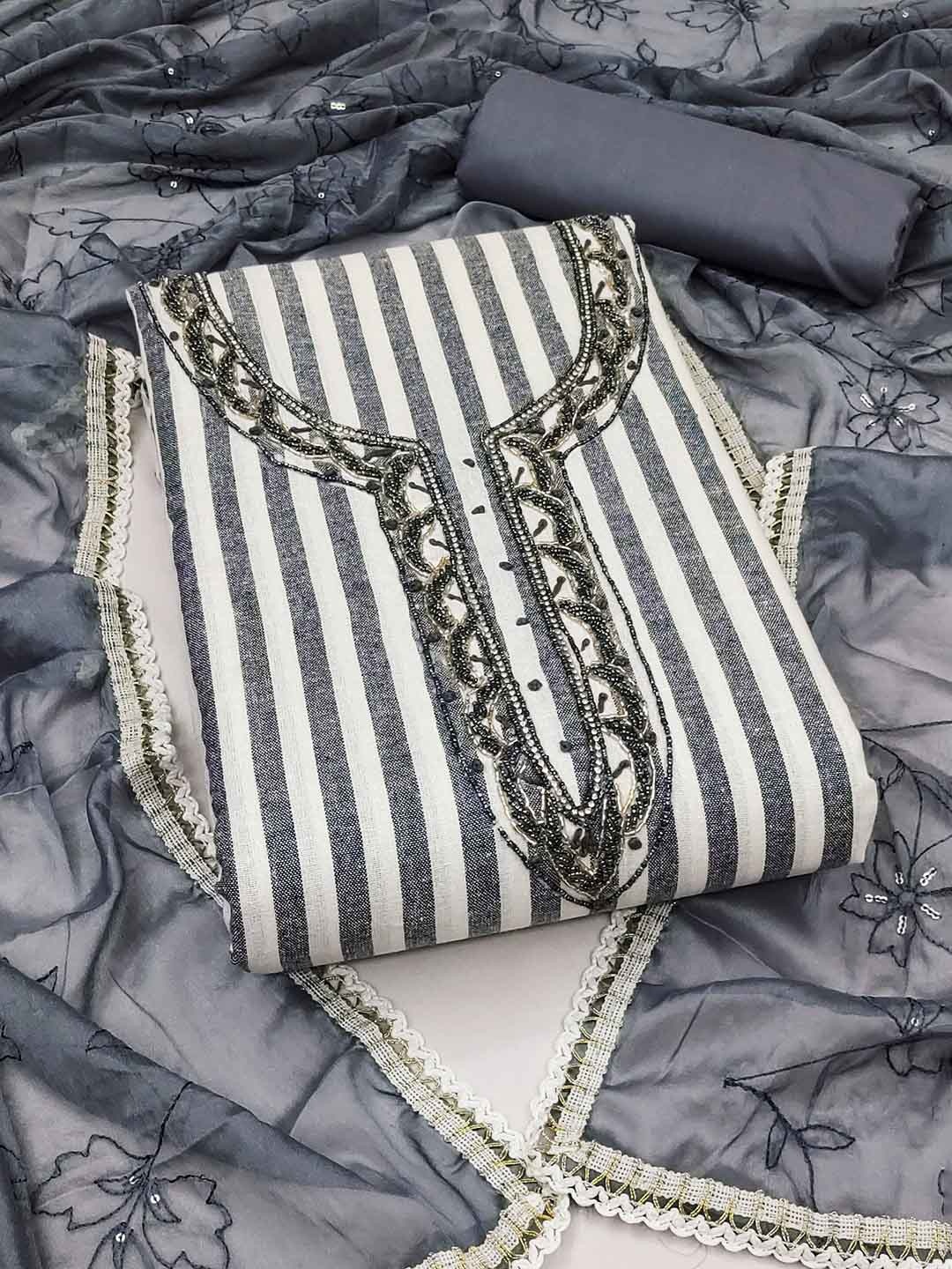 

Ishin Grey Striped Embroidered Beads and Stones Pure Cotton Unstitched Dress Material