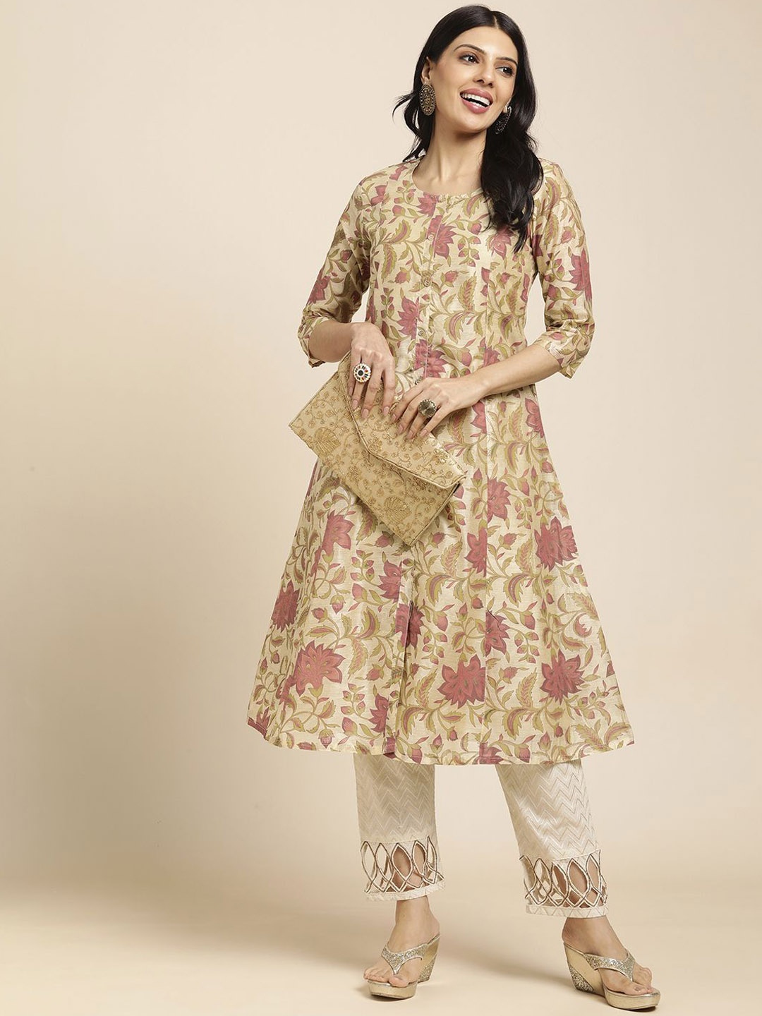 

RATAN Floral Printed Chanderi Silk Anarkali Kurta, Beige