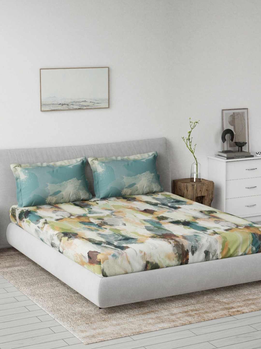 

DDecor Blue & Green Abstract Printed 145 TC Cotton Double King Fitted Bedsheet Set