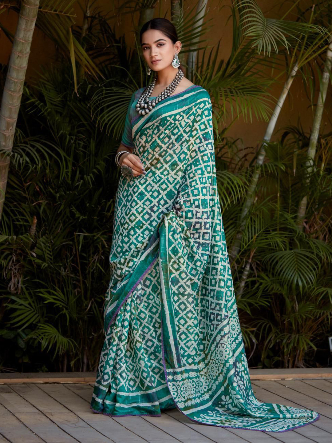 

NK Textiles Ajrak Block Print Saree, Teal