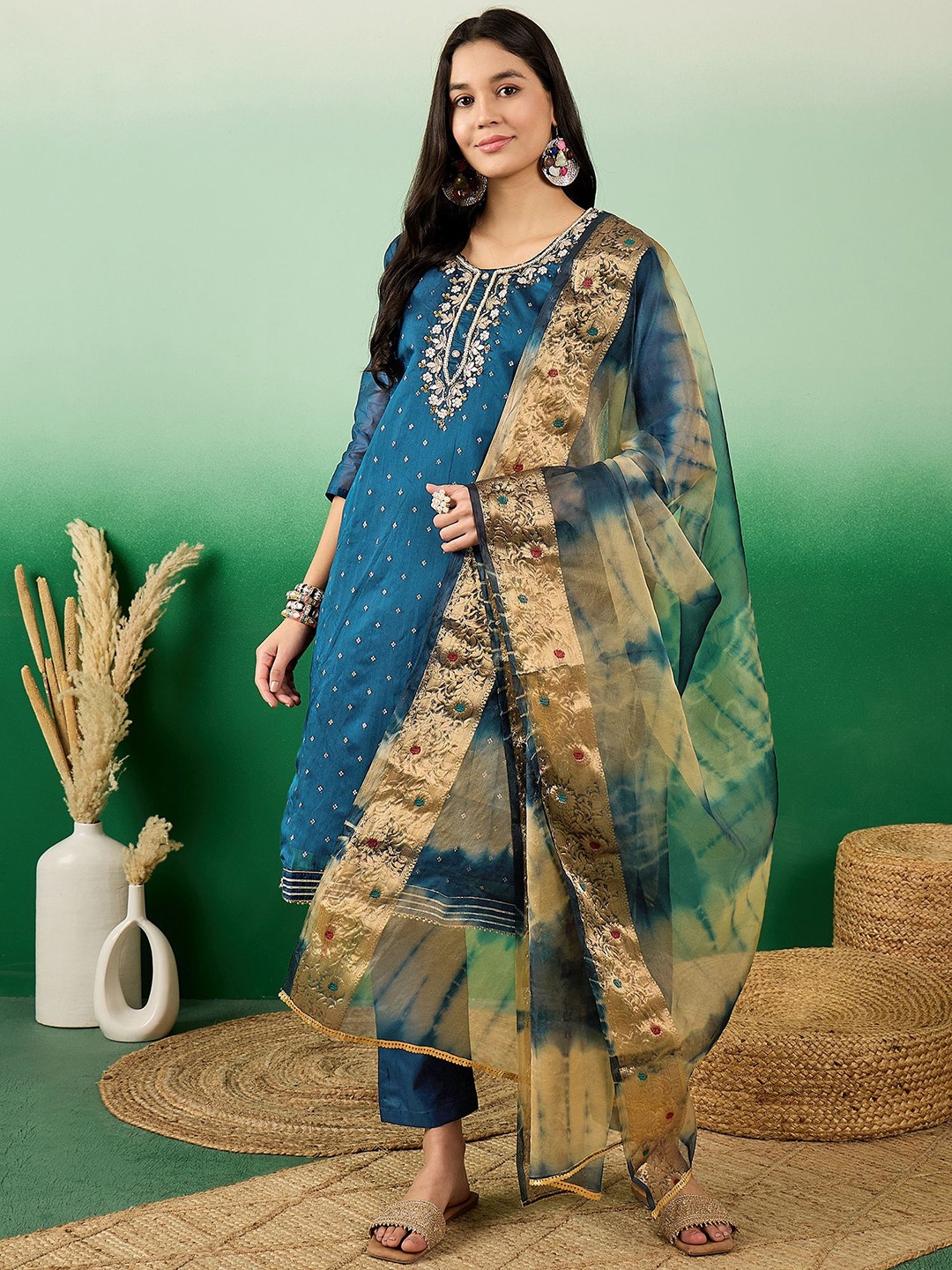 

Maroosh Women Woven Design beads and Stones Kurta & Trouser with Dupatta, Teal