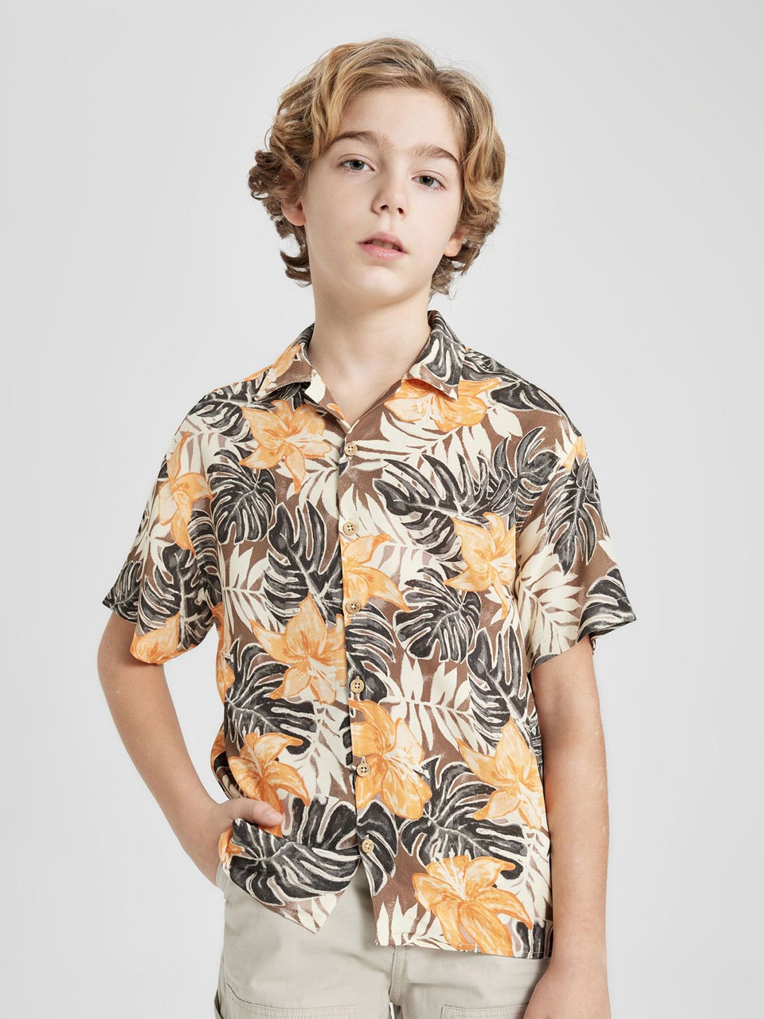 

DeFacto Boys Cuban Collar Floral Printed Casual Shirt, Na