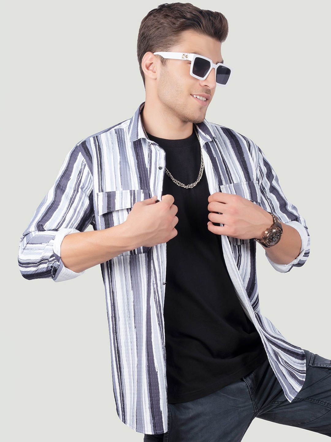 

ALMATY Men Comfort Spread Collar Vertical Striped Cotton Slim Fit Party Shirt, Grey