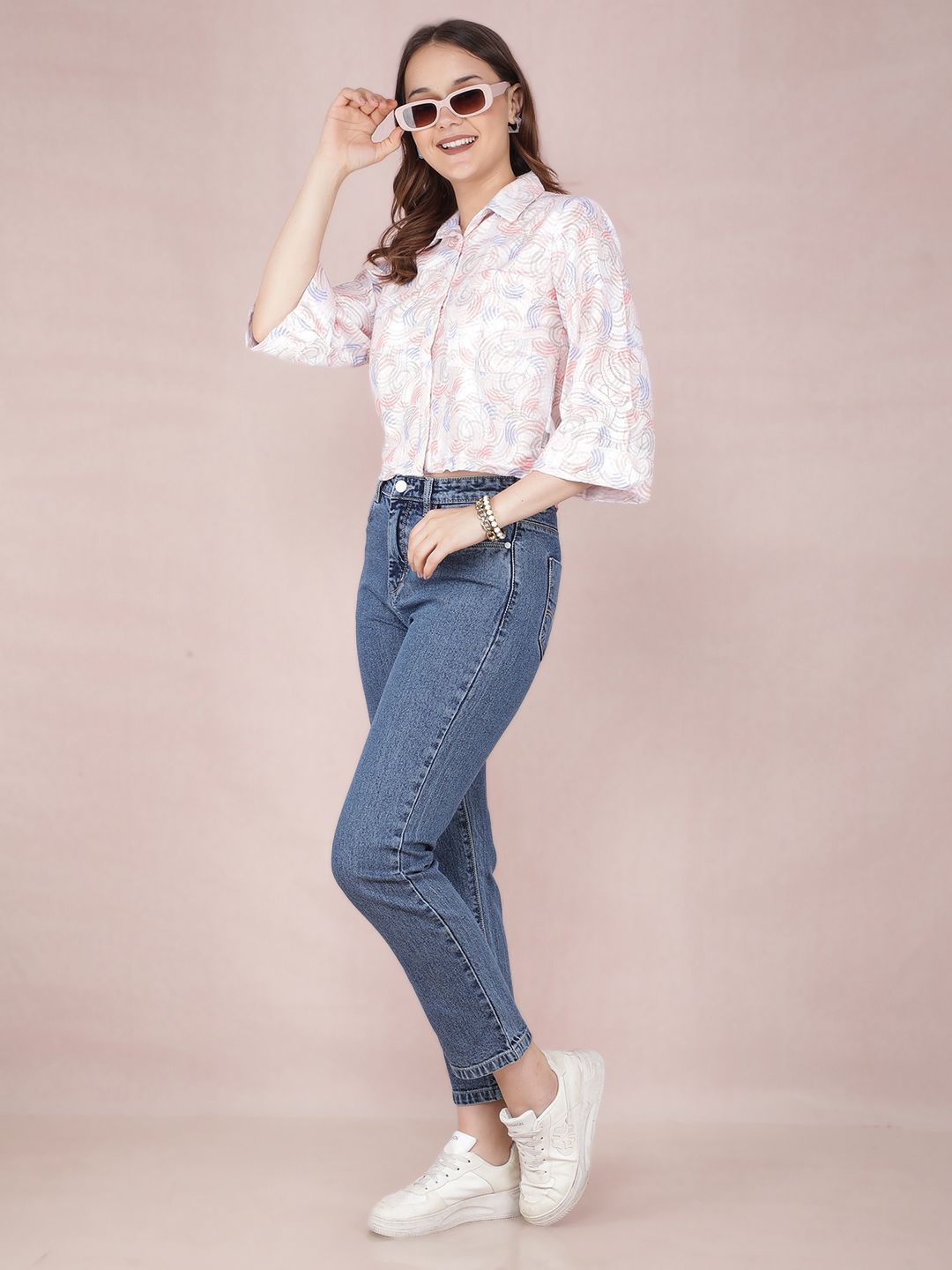 

Crimsoune Club Women Smart Spread Collar Abstract Printed Cotton Slim Fit Casual Shirt, White