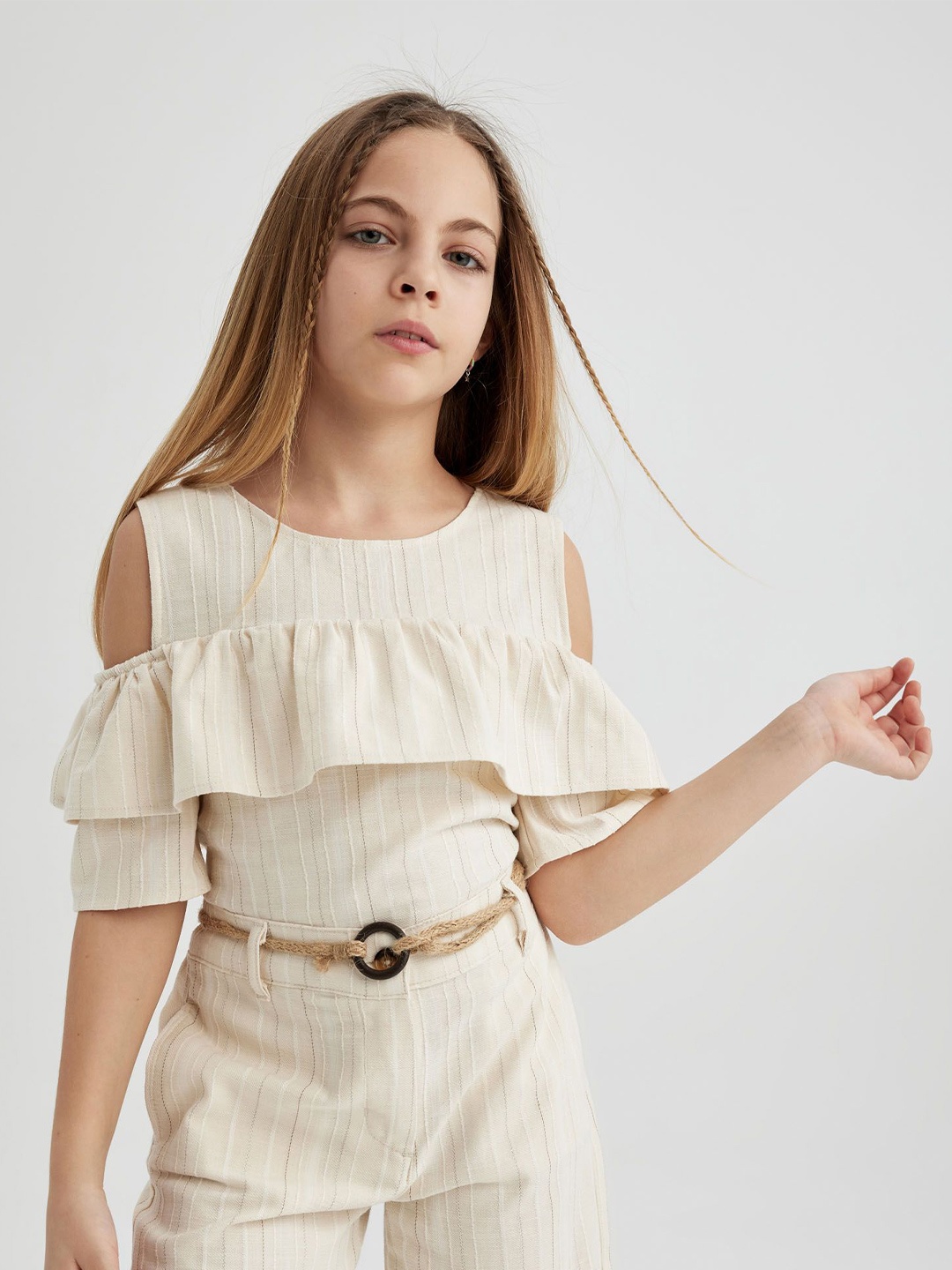 

DeFacto Girls Vertical Striped Round Neck Cotton Top, Cream