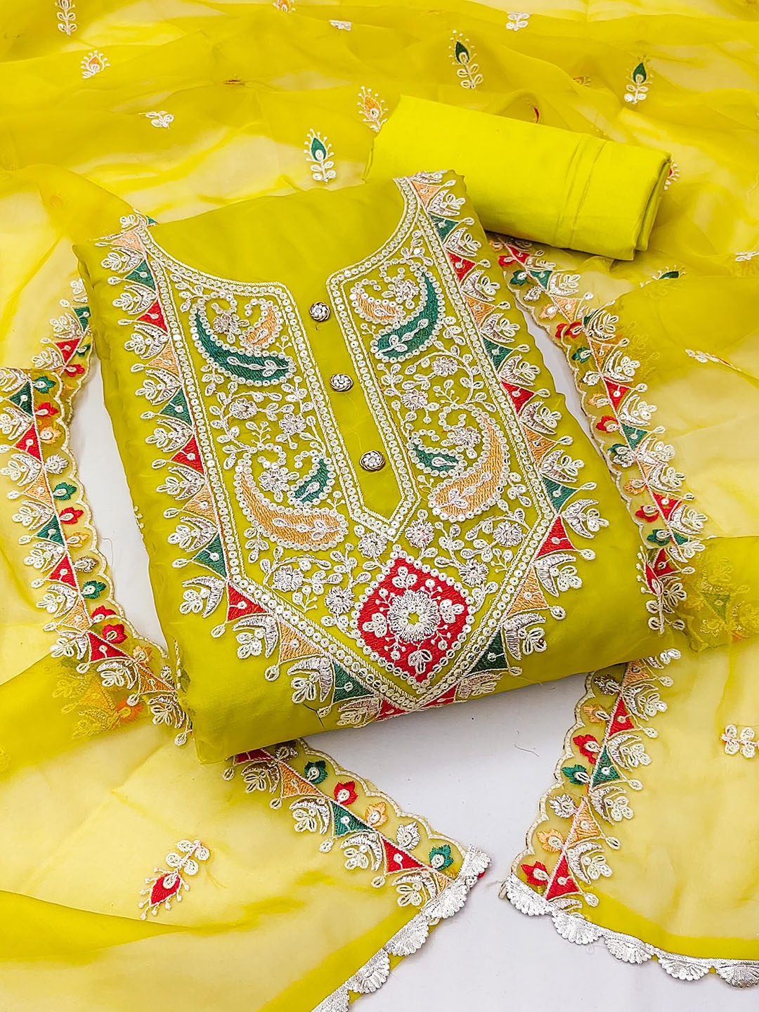 

Ishin Sequinned Ethnic Motifs Embroidered Organza Unstitched Dress Material, Lime green