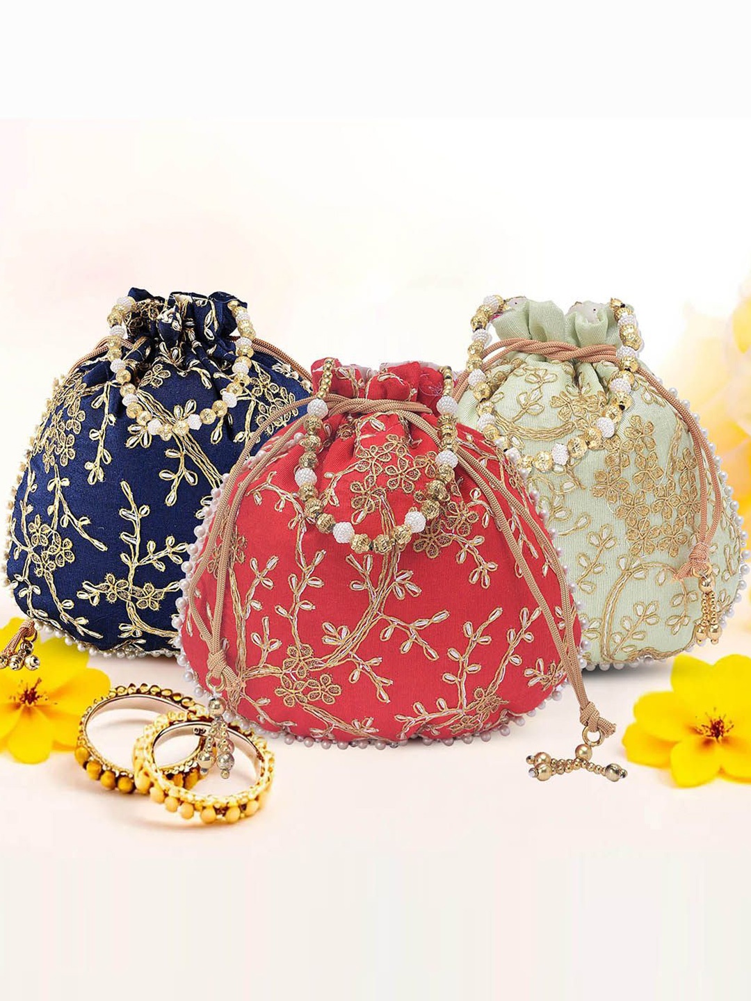 

Kuber Industries Set of 3 Embroidered Potli Bags, Blue