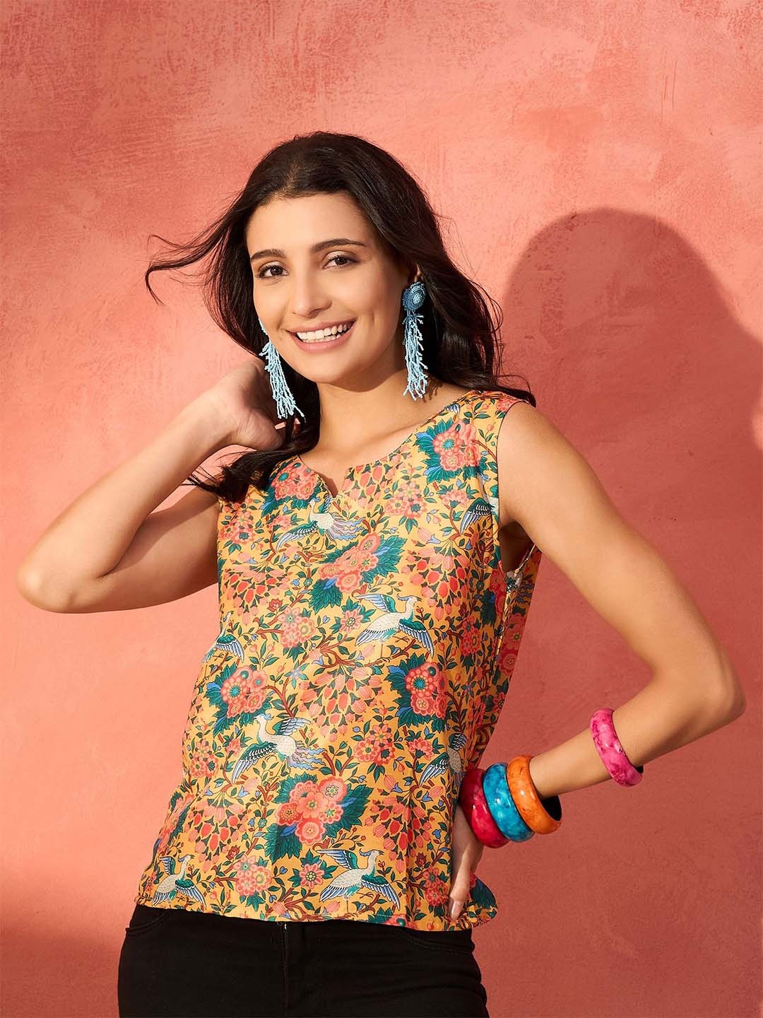 

InWeave Women Floral Printed Round Neck Top, Mustard