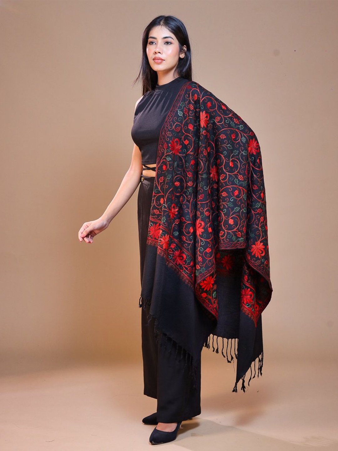 

SWI Stylish Women Embroidered Wool Stole, Black