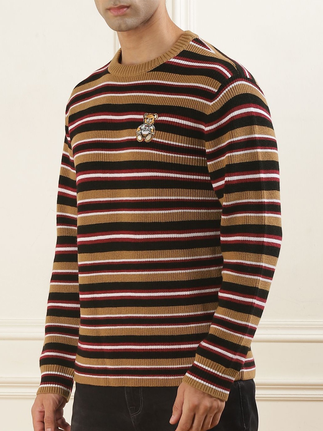 

MOSCHINO COUTURE Men Striped Round Neck Sweater, Brown