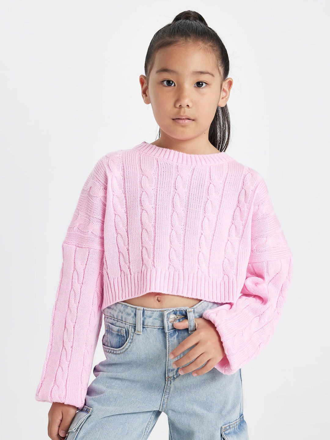 

DeFacto Girls Cable Knit Crop Pullover, Pink