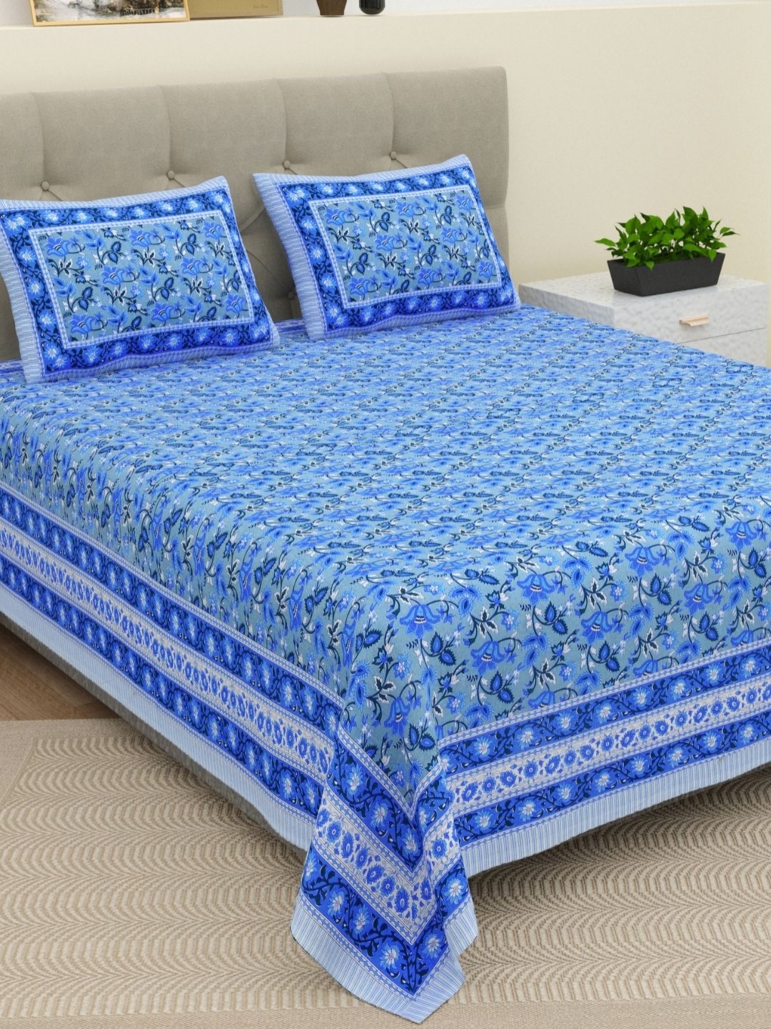 

The Craft Monk Blue Floral Printed 210 TC Cotton King Bedsheet with 2 Pillow Covers