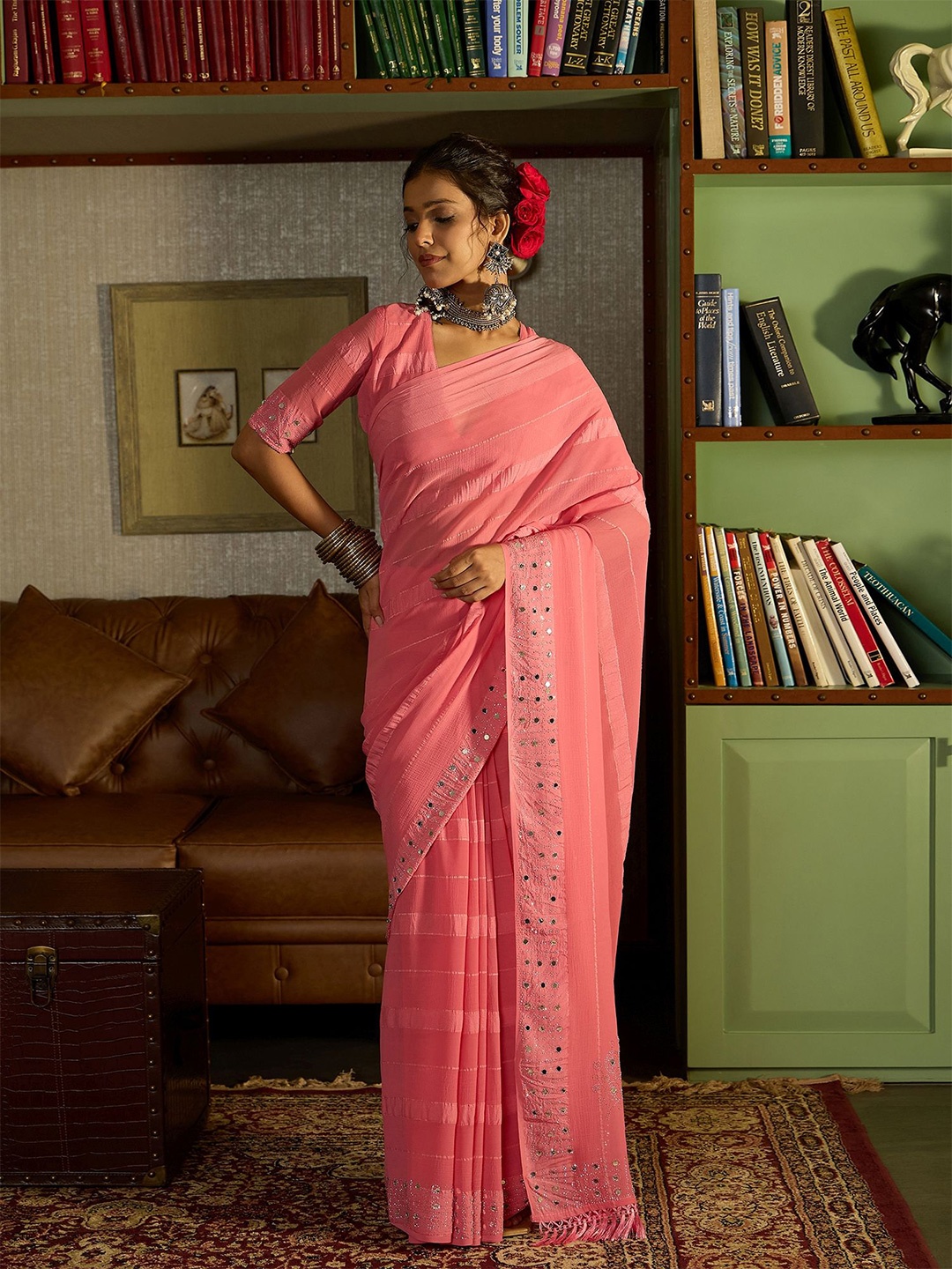 

Dori Striped Mirror Work Pure Chiffon Saree, Pink