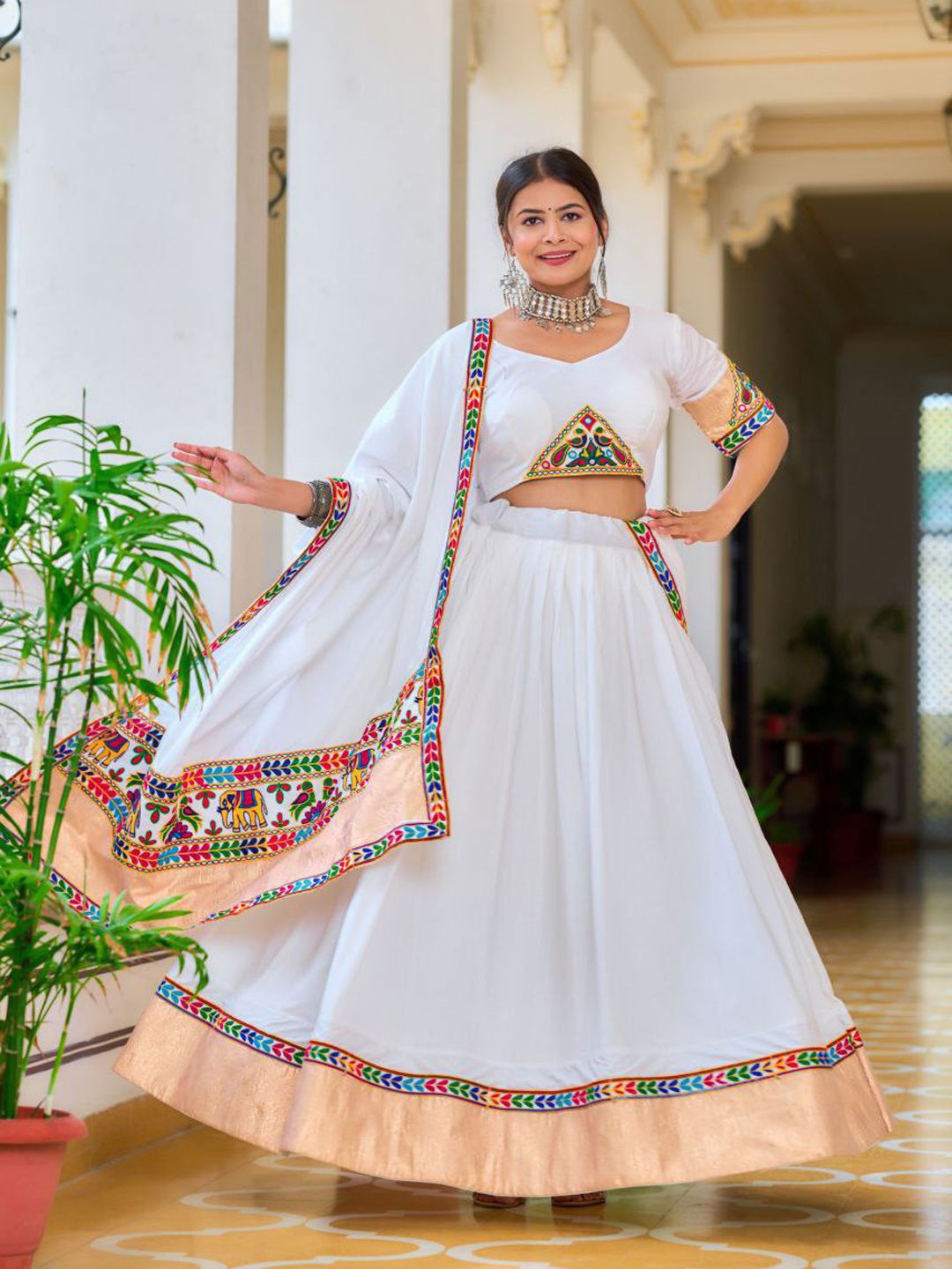 

ZIBLON Embroidered Patchwork Ready to Wear Lehenga & Blouse With Dupatta, White