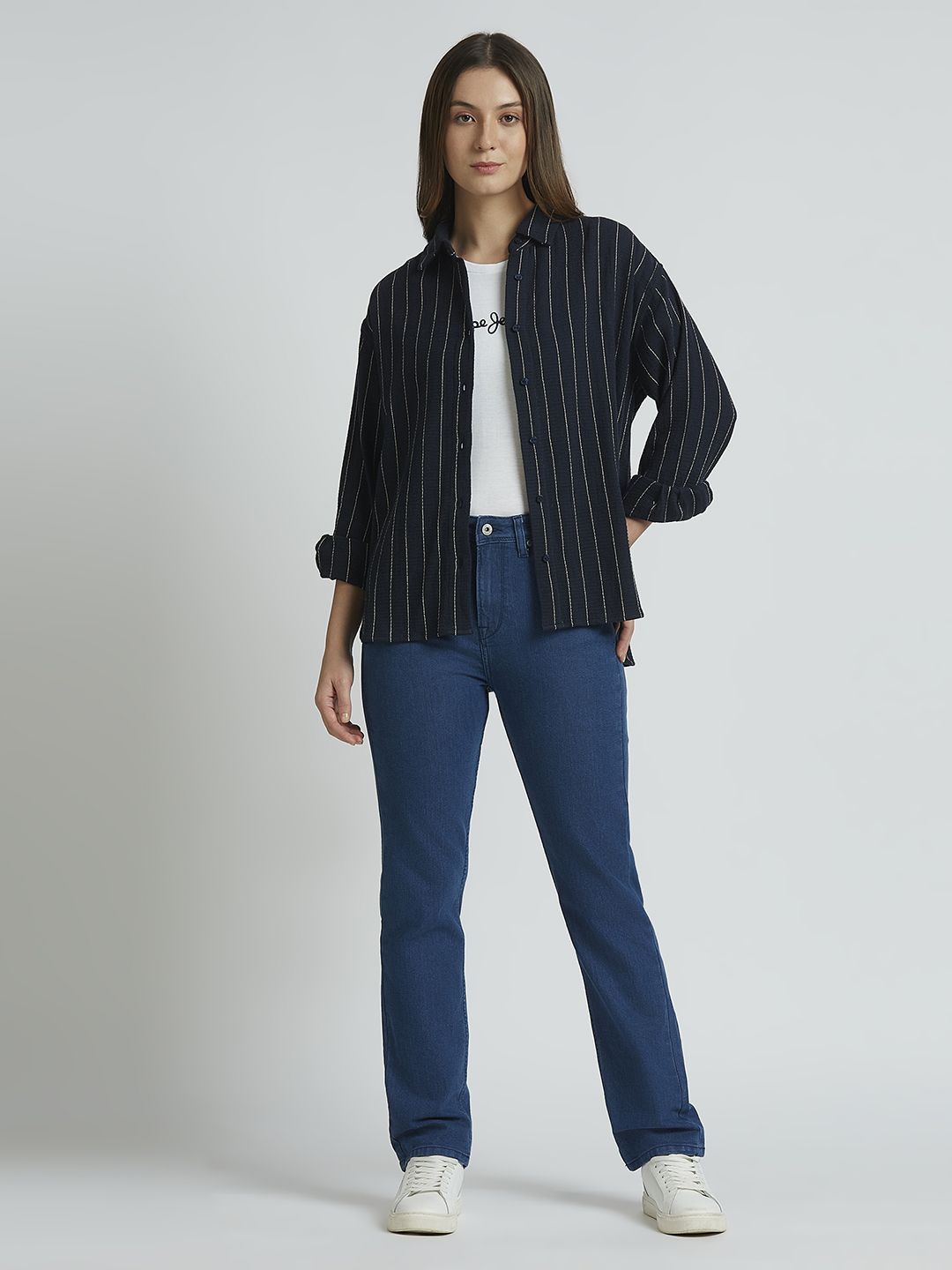 

Pepe Jeans Women Spread Collar Vertical Striped Cotton Oversized Casual Shirt, Navy blue