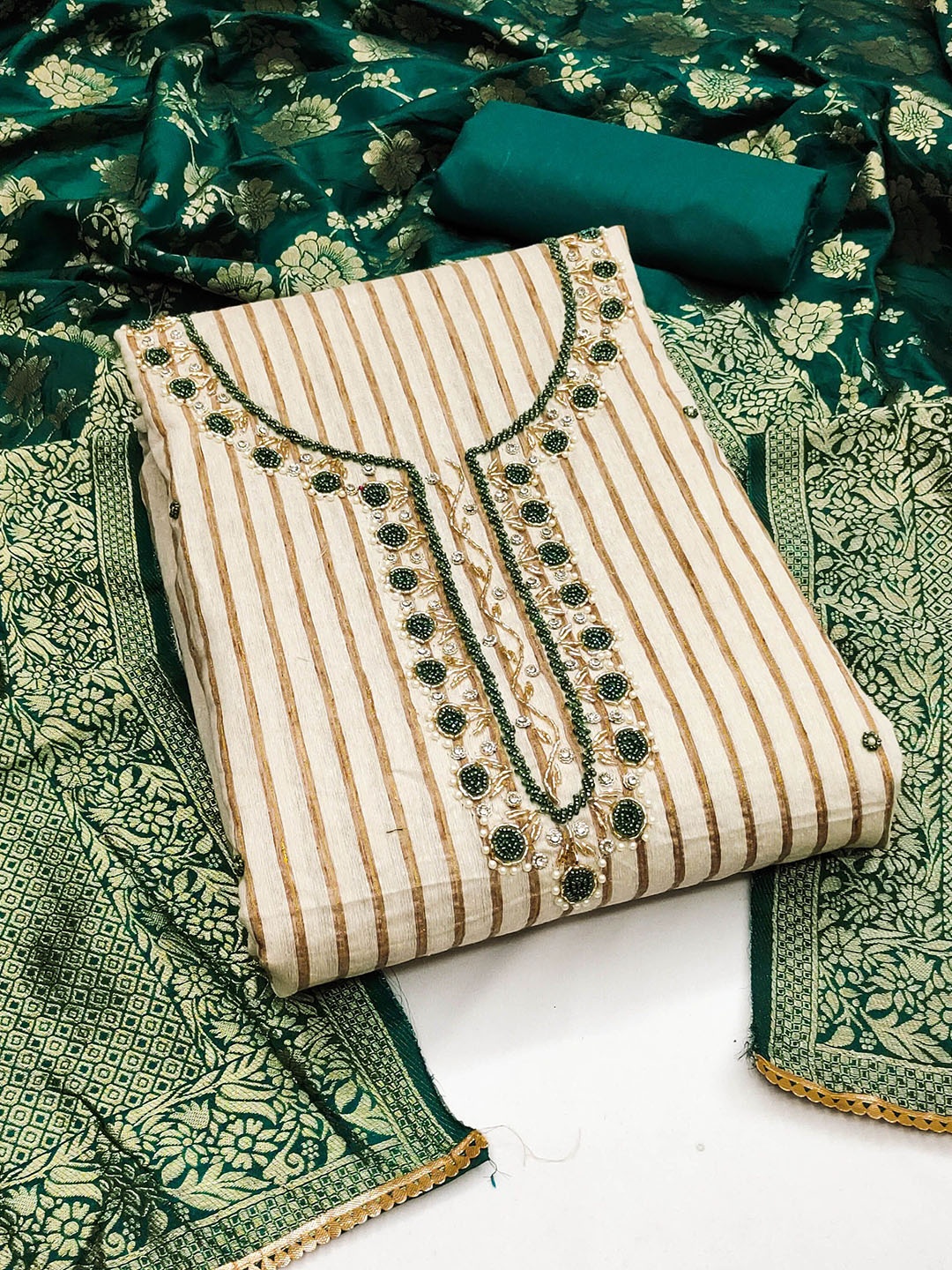 

Ishin Embroidered Pure Cotton Unstitched Dress Material, Beige