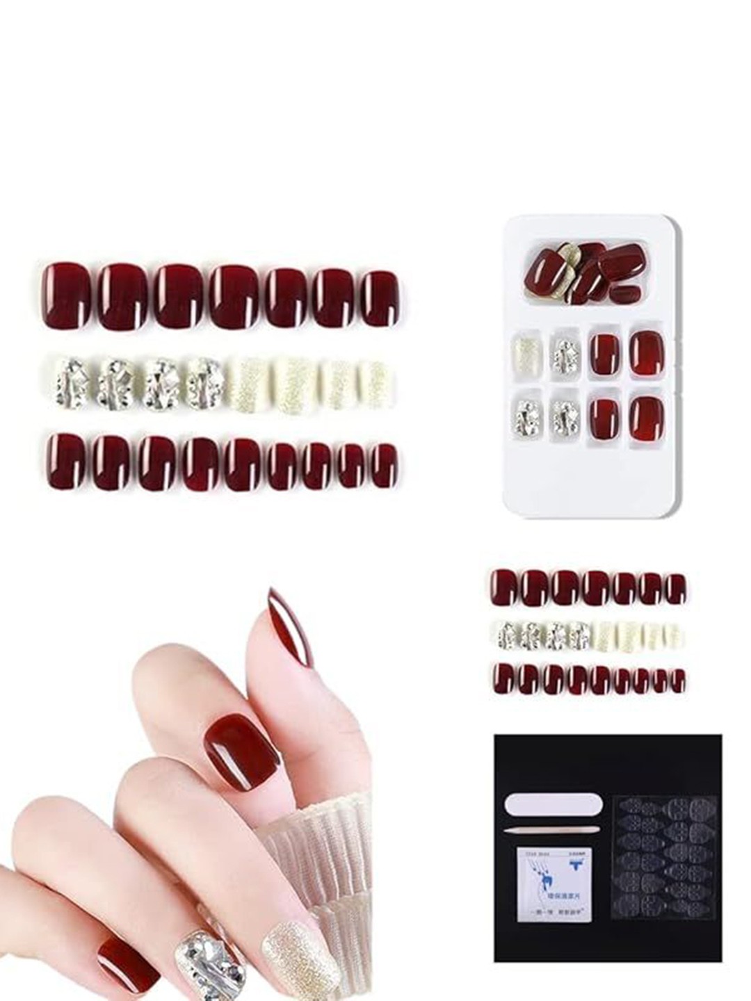 

Coslifestore Set Of 24 Artificial Press On Nails -Heavy Silver Rhinestone, Red
