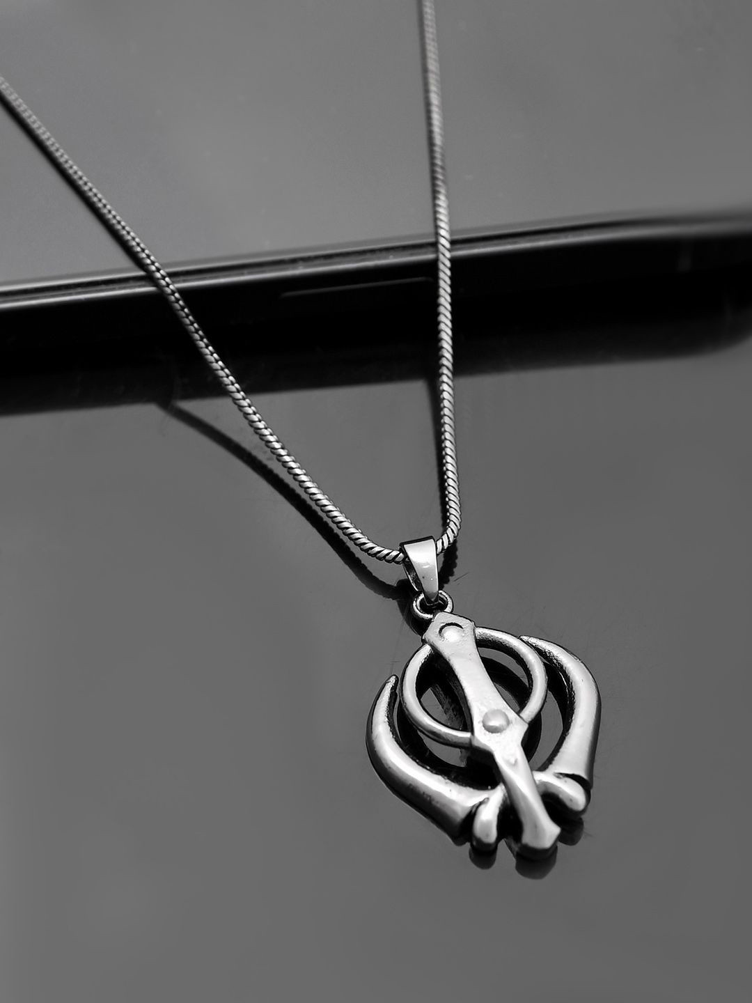 

Voylla Eclipse Rhodium-Plated Khanda Sikh Pendants with Chains, Silver