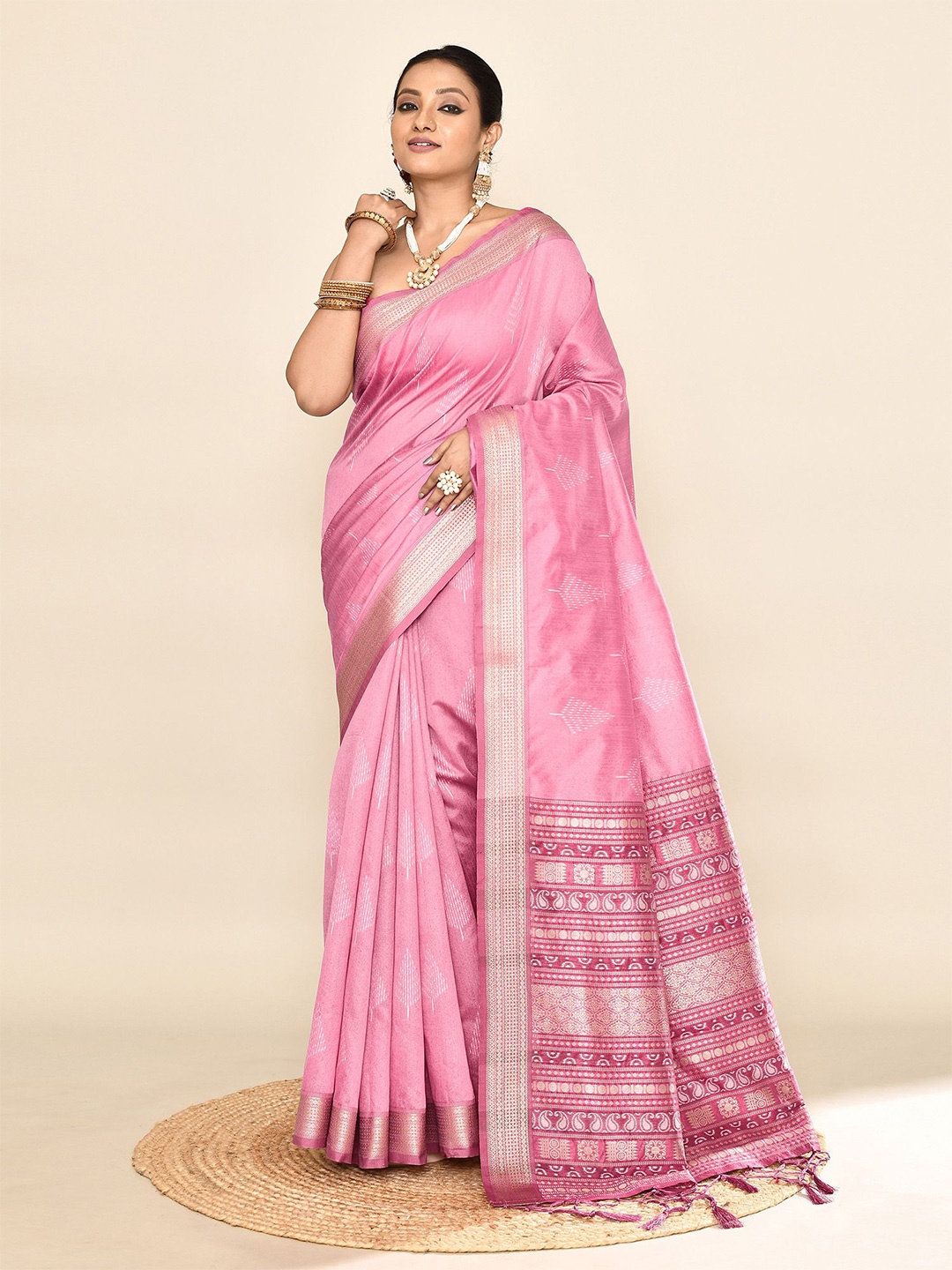 

elora Woven Design Zari Baluchari Saree, Pink