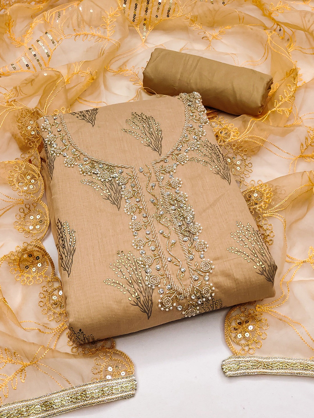 

Ishin Floral Embroidered Beads and Stones Detail Cotton Unstitched Dress Material, Beige