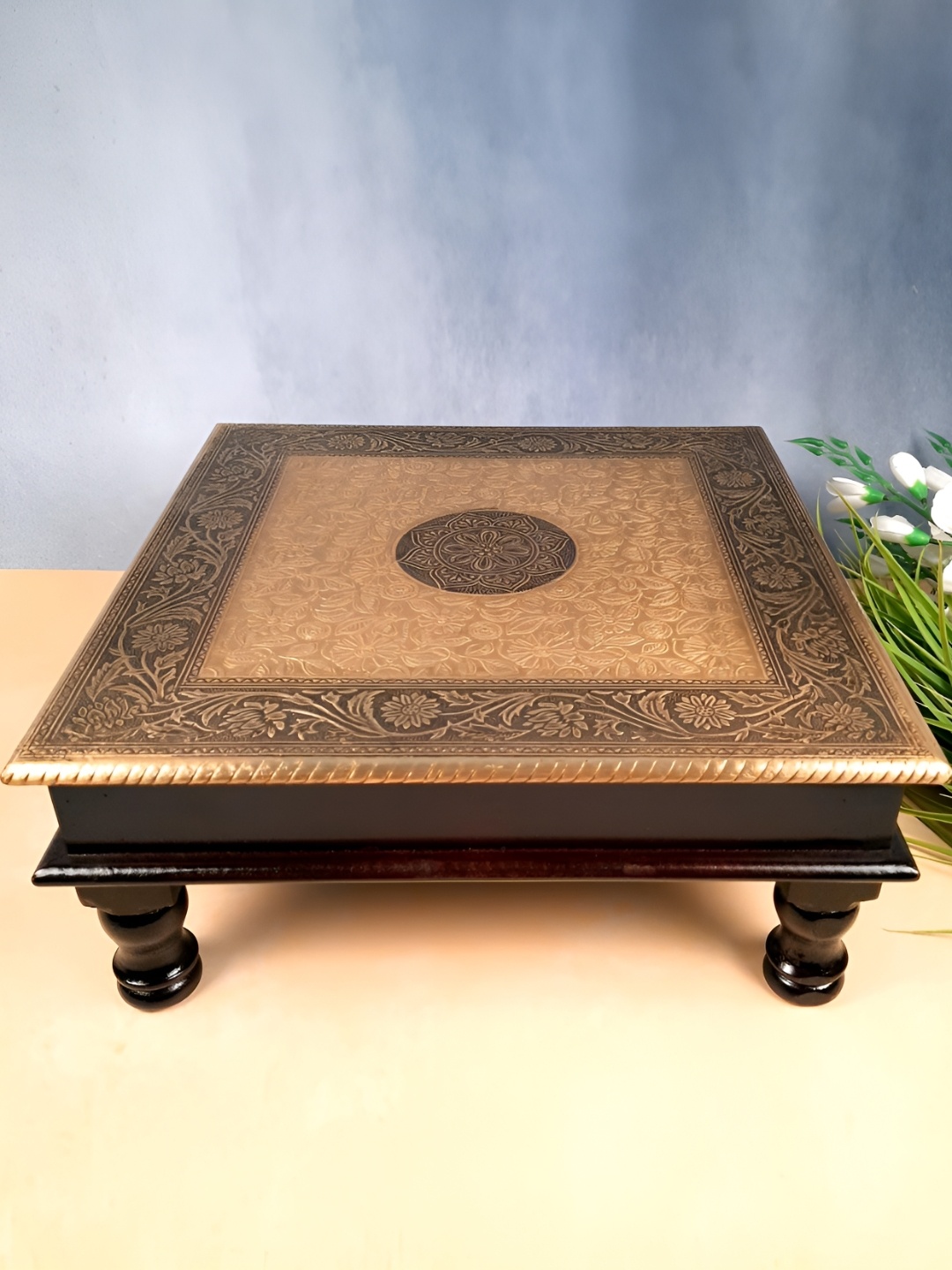 

apka mart Beige & Brown Brass Puja Chowki Pooja Essentials, Gold