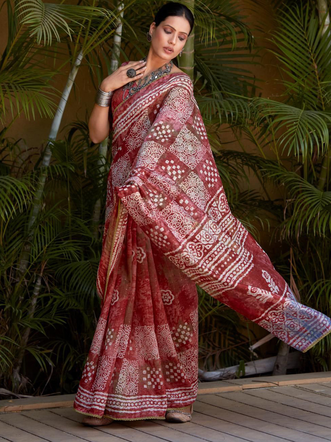 

NK Textiles Ajrakh Printed Sequinned Saree, Red
