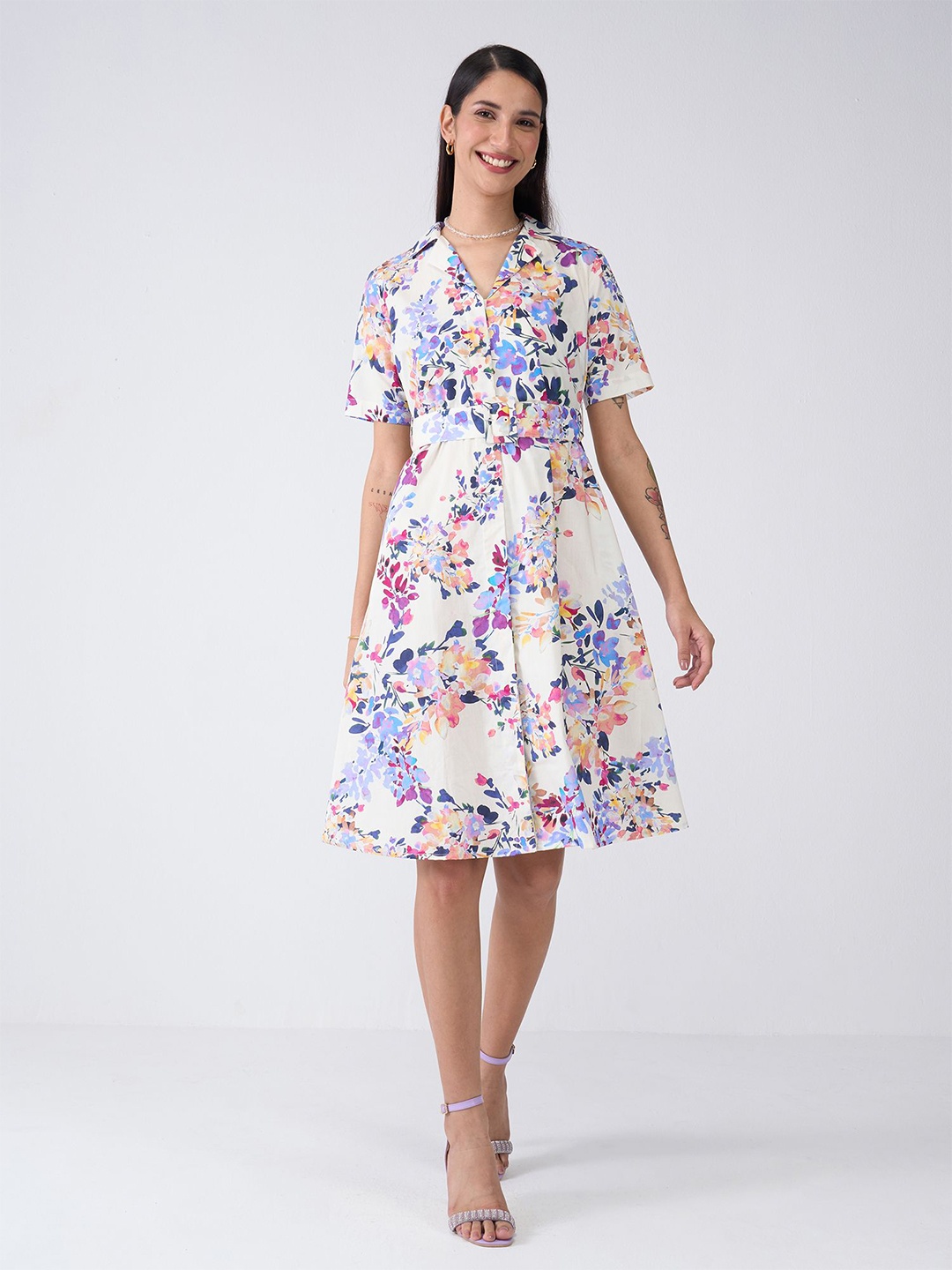 

SALT ATTIRE Floral Printed Flared Sleeve Shirt Dress, White