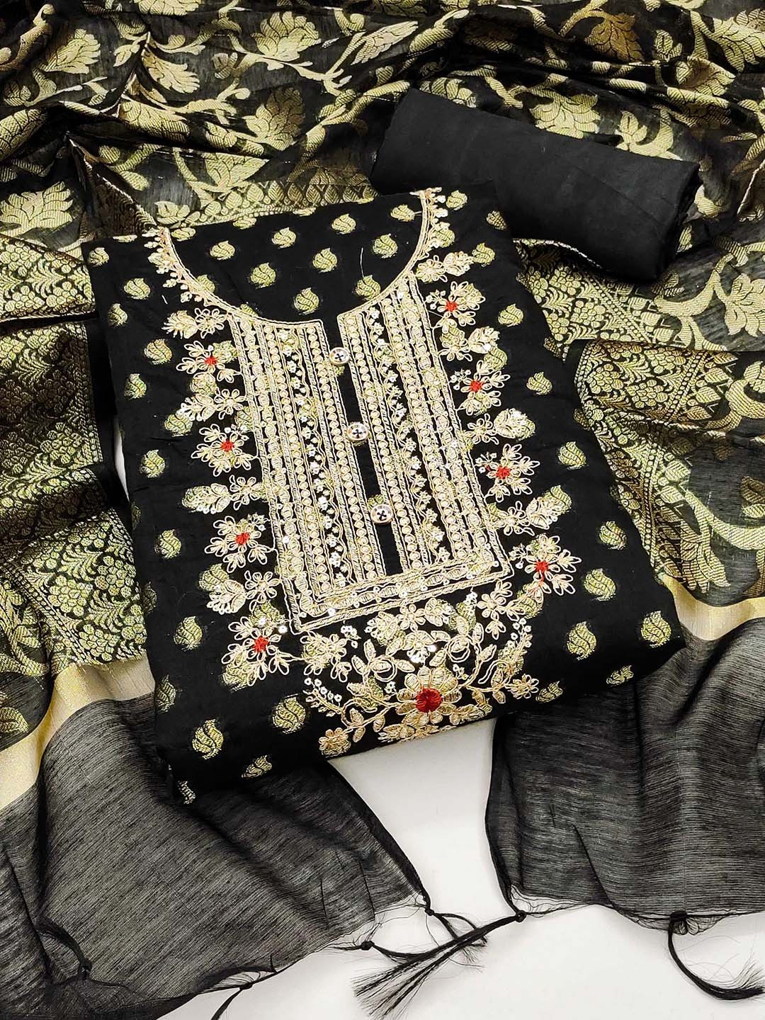 

Ishin Black and gold-toned woven design Unstitched Dress Material