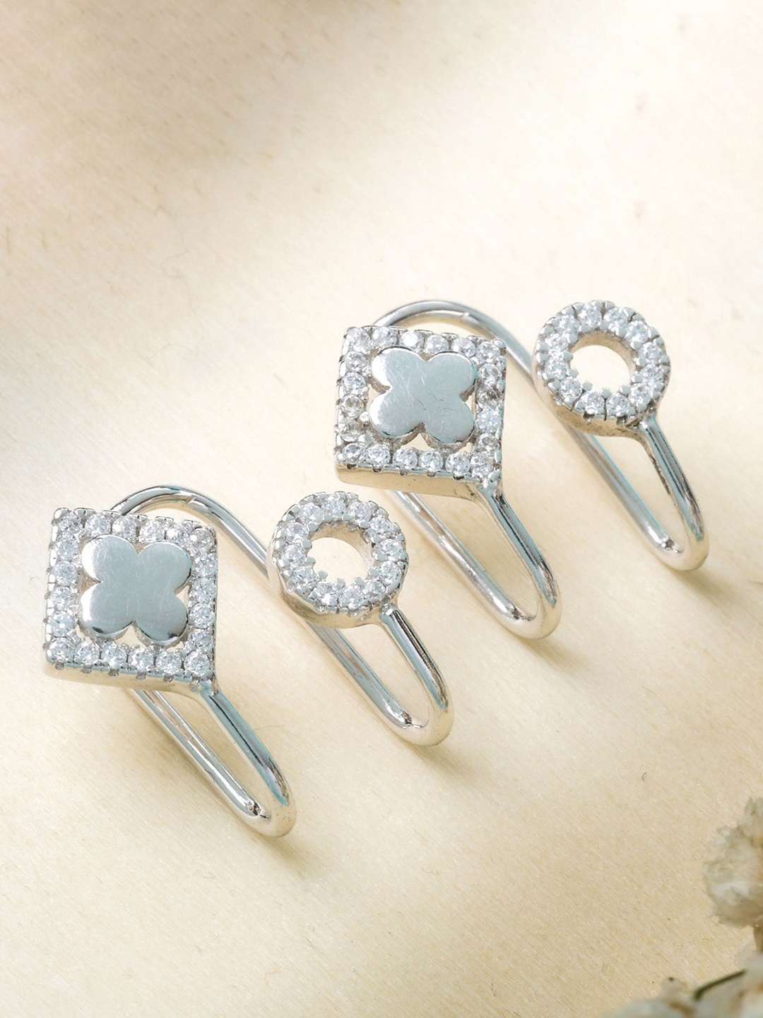 

DEESSA 925 Sterling Silver Rhodium Plated Stone Studded Contemporary Ear Cuffs