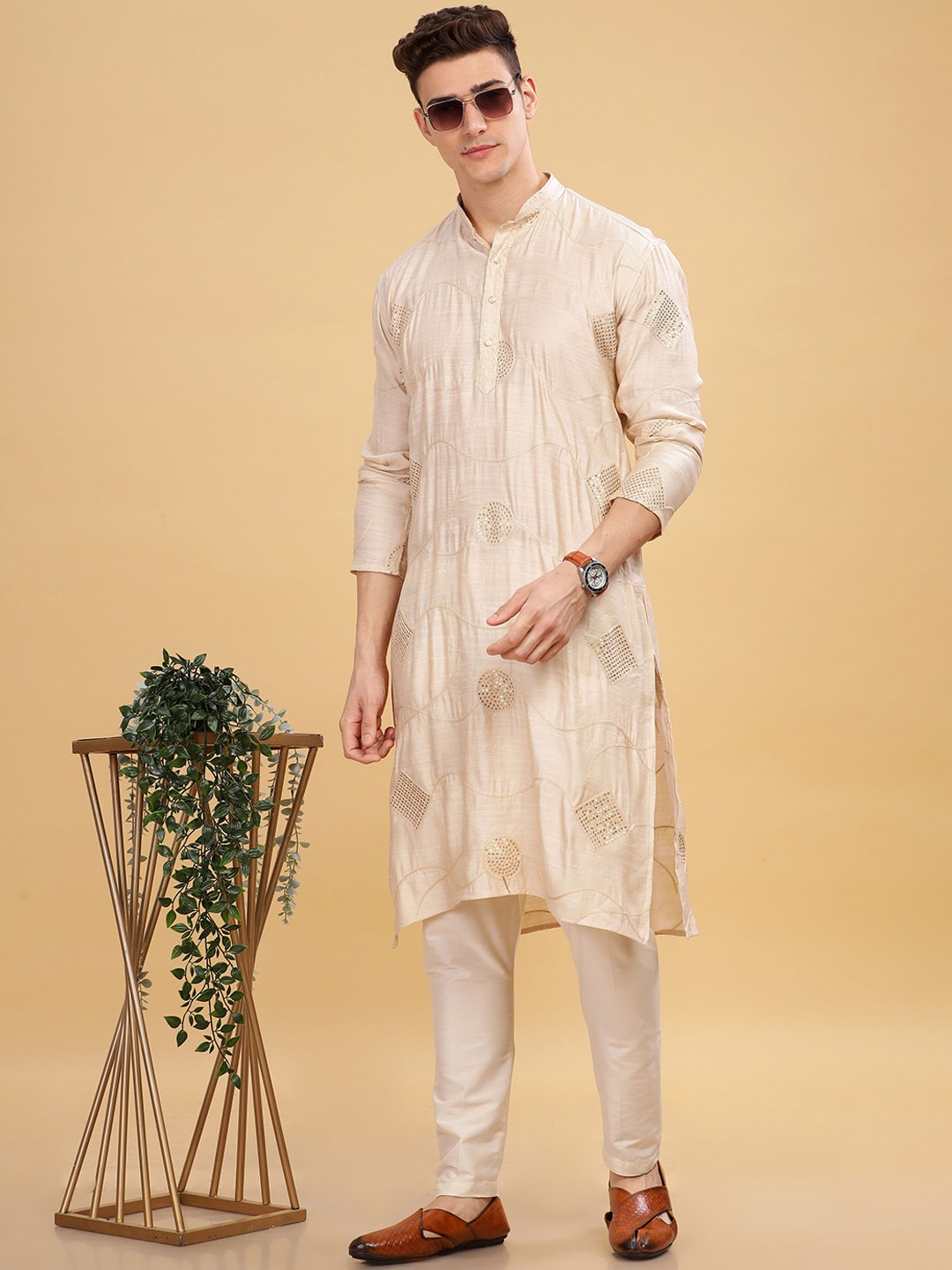 

Anouk Beige Embroidered Mandarin Collar Sequinned Cotton Straight Kurta