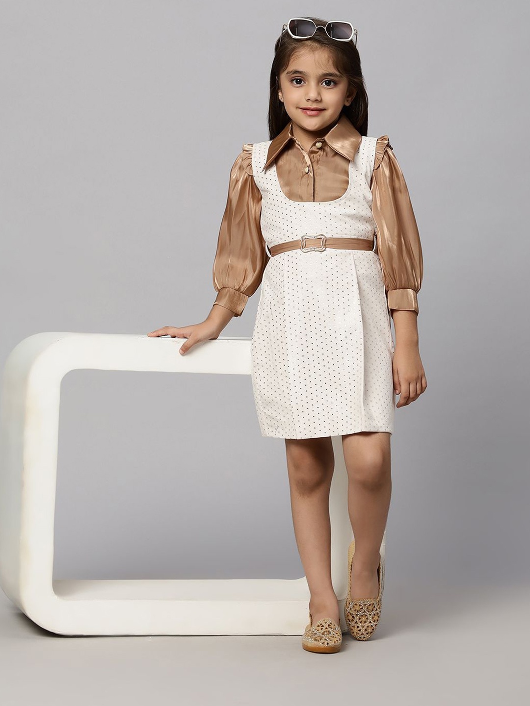 

Macwin Girls Polka Dot Printed Shirt Collar Velvet Shirt Dress with Belt, Brown