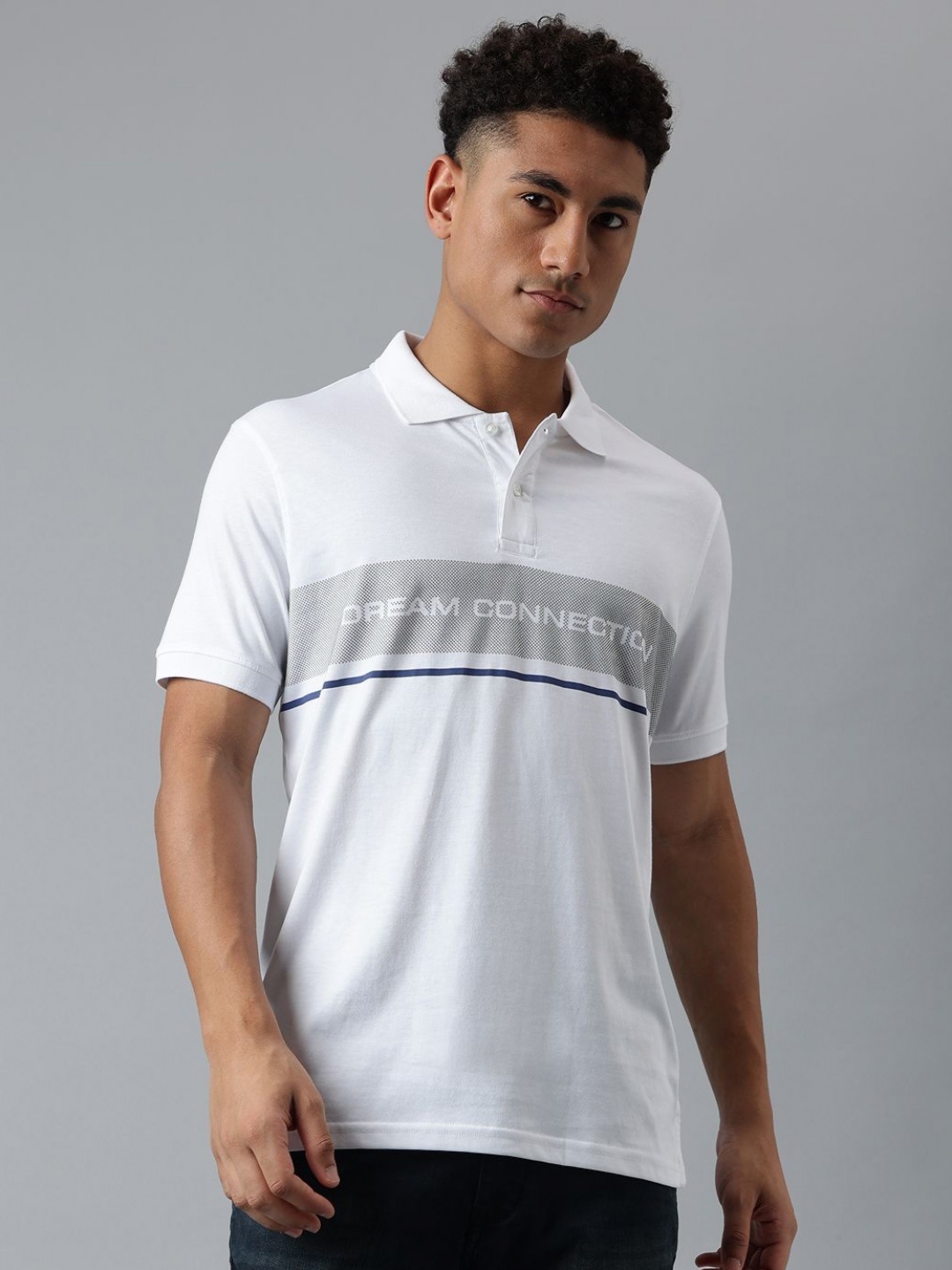 

Richlook Men Striped Polo Collar Cotton T-shirt, White