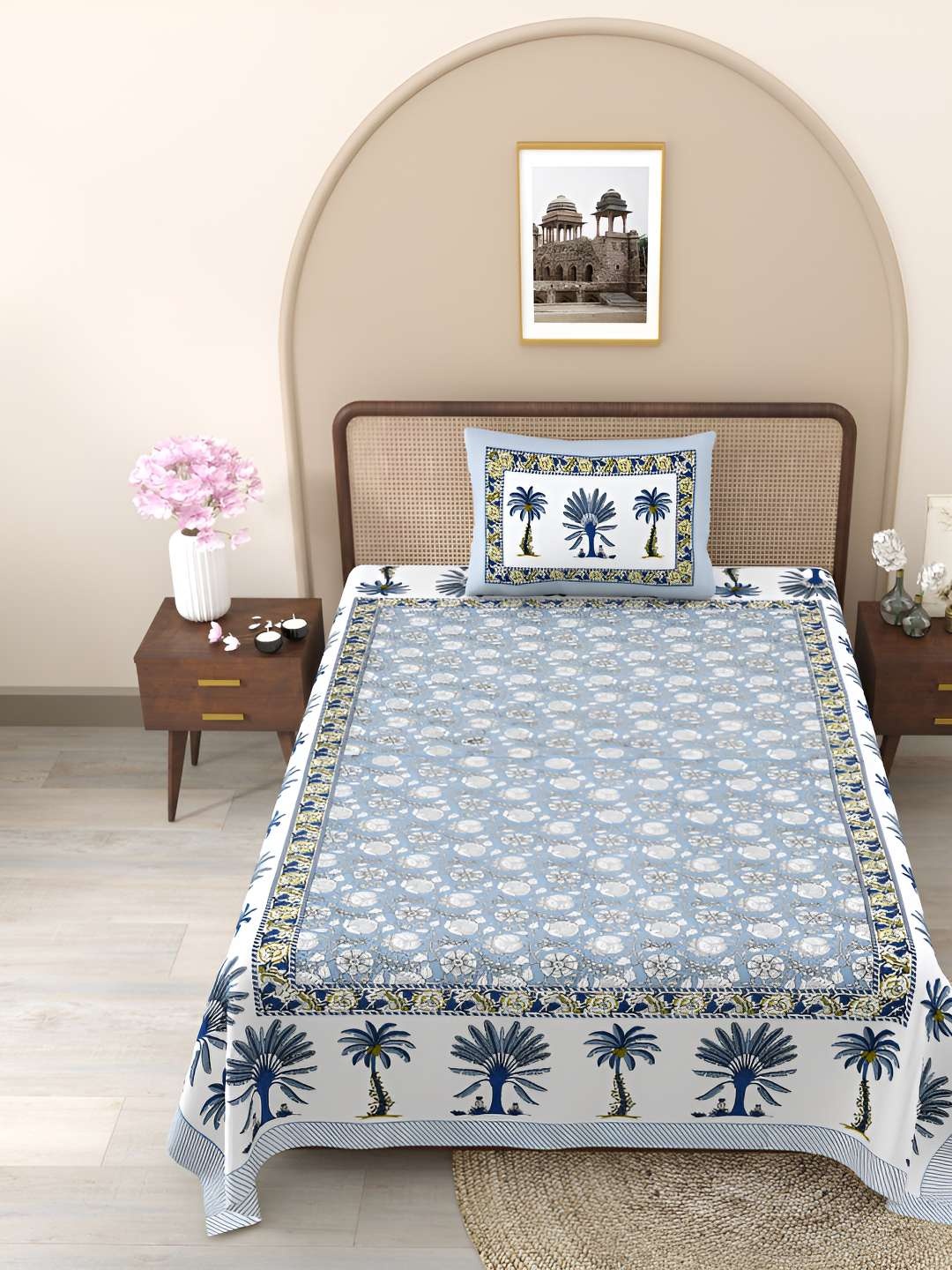 

Jinaya's Blue & White Floral Printed Pure Cotton 210 TC Single Bedsheet & 1 Pillow Cover