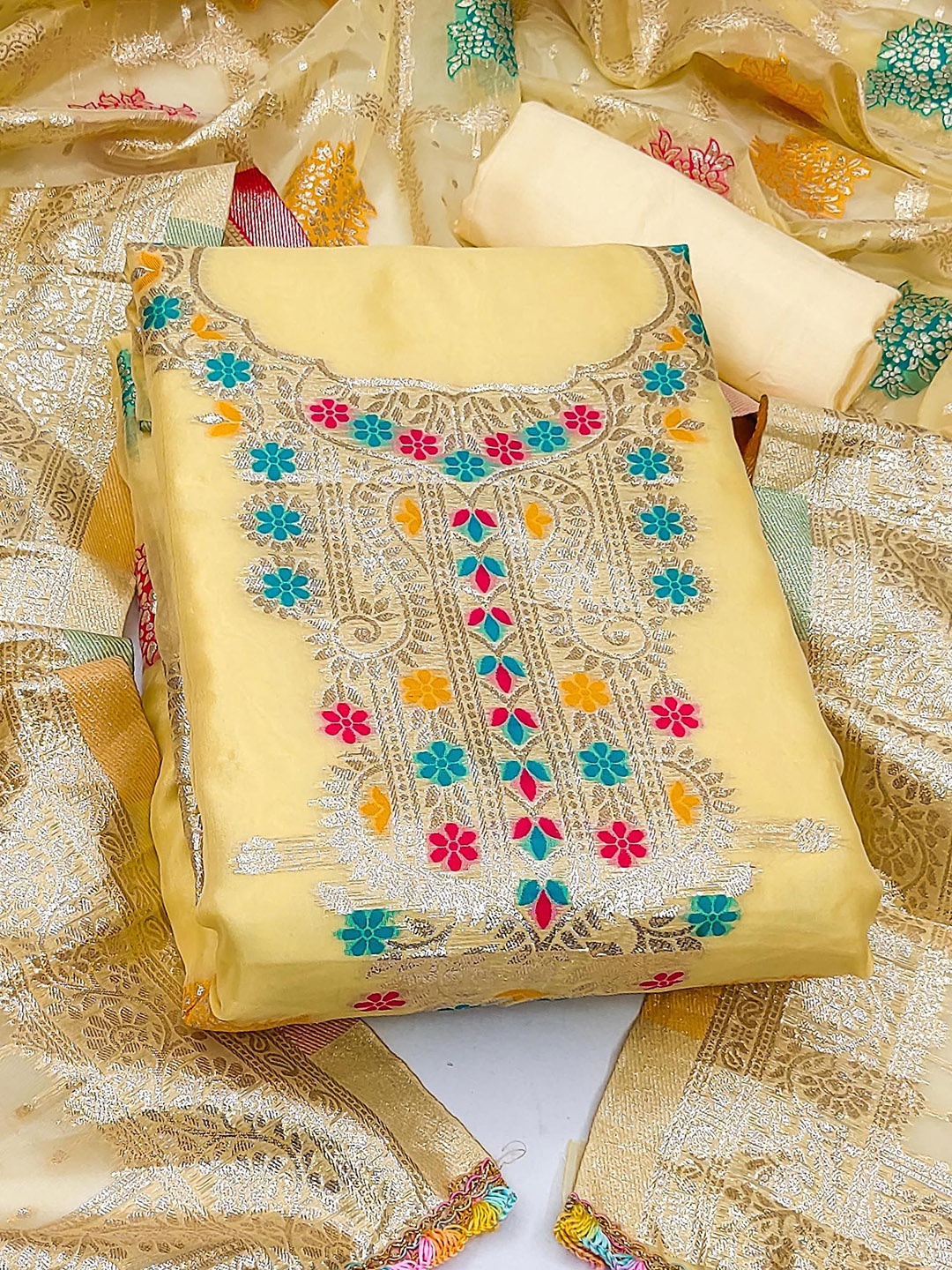 

Ishin Floral Zari Woven Design Organza Unstitched Dress Material, Yellow