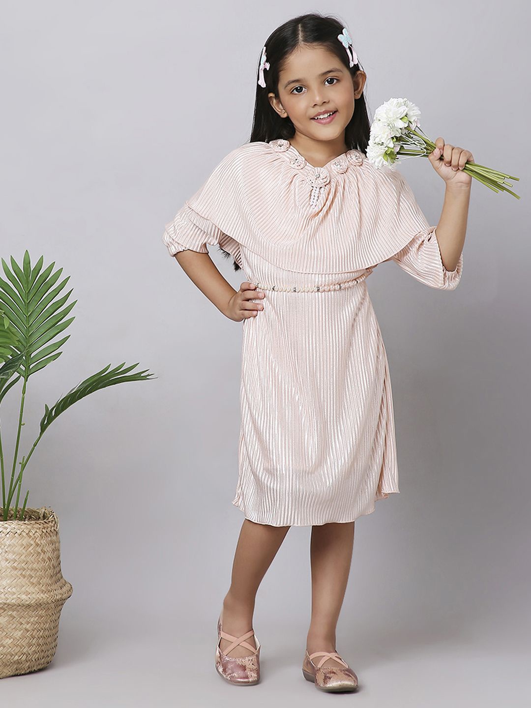 

Macwin Girls Satin A-Line Embellished Cape Midi Dress, Peach