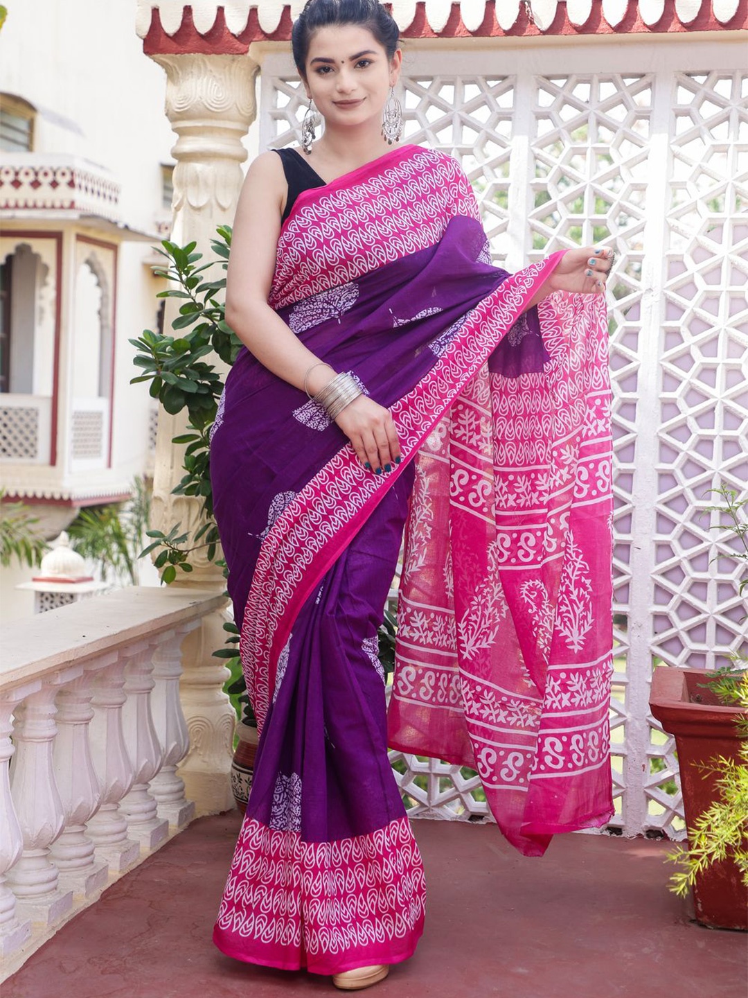 

Pinkcity Trade World Floral Printed Pure Cotton Bagru Saree, Purple