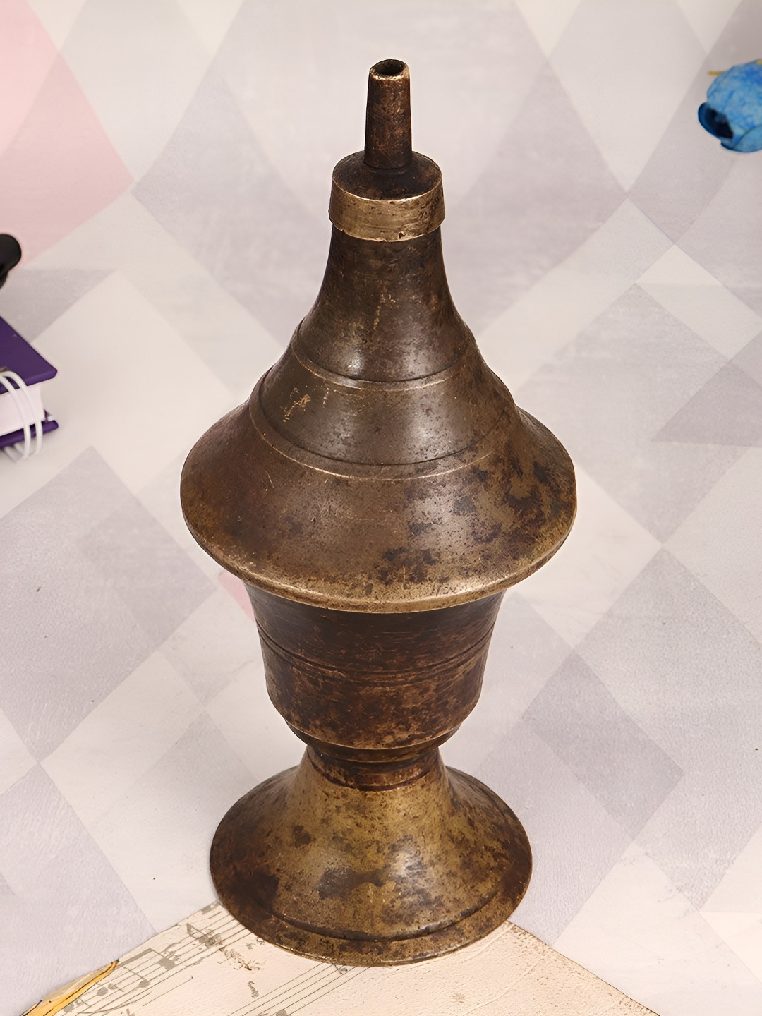 

Indianshelf Bronze-Toned Textured Brass Stand Diya Pooja Essentials