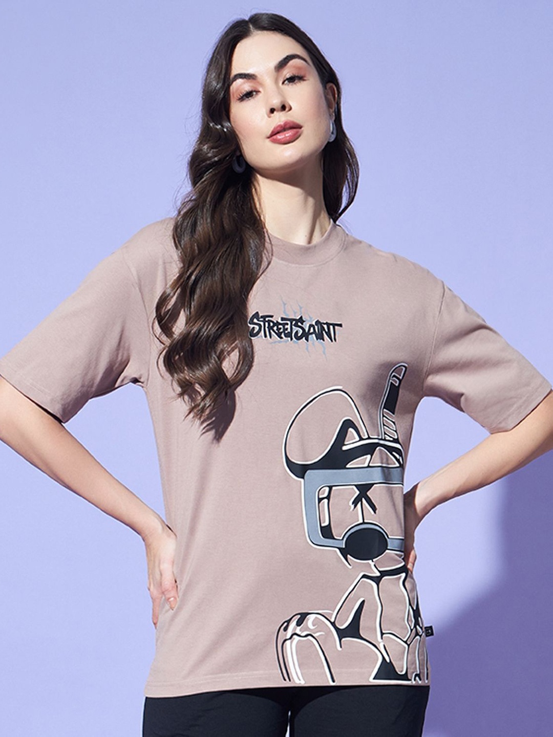 

GRIFFEL Women Graphic Printed Round Neck Cotton Oversized T-shirt, Camel brown